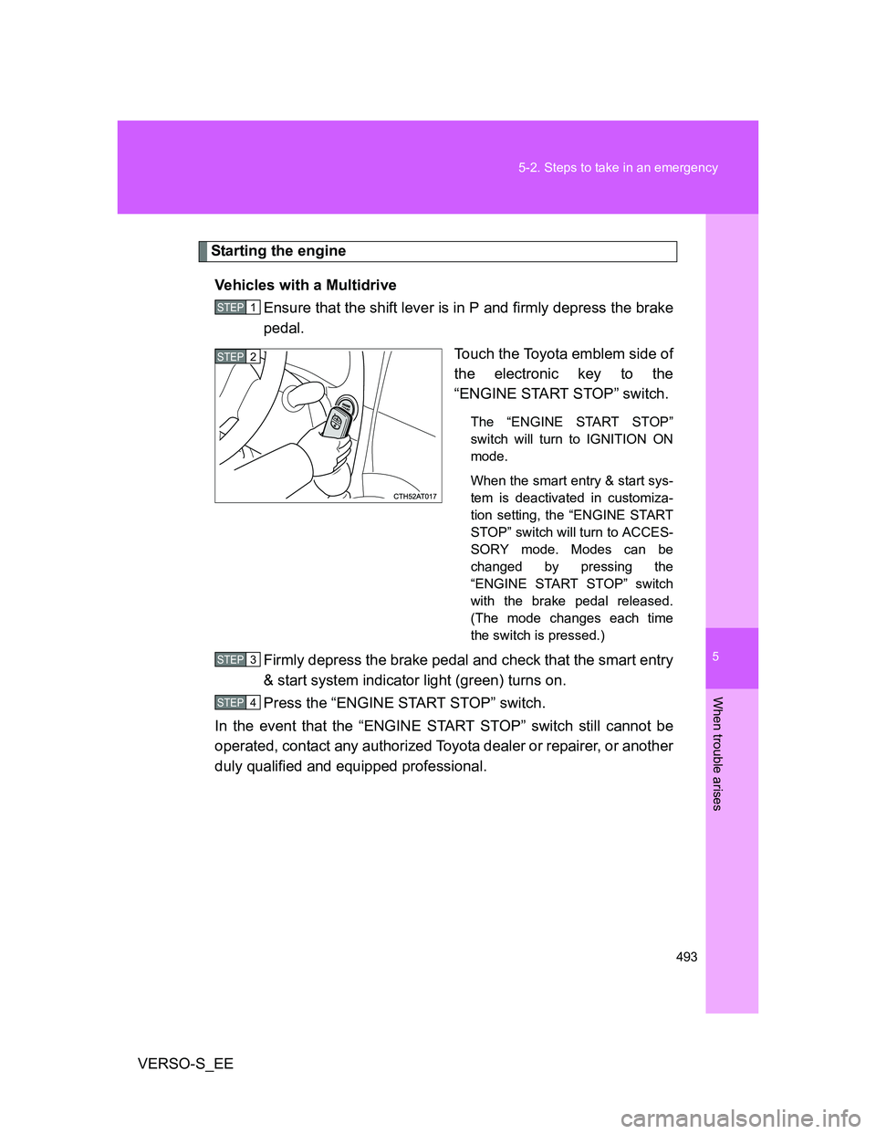 TOYOTA VERSO S 2014 Owners Manual 5
493 5-2. Steps to take in an emergency
When trouble arises
VERSO-S_EE
Starting the engine
Vehicles with a Multidrive
Ensure that the shift lever is in P and firmly depress the brake
pedal.
Touch the TOYOTA VERSO S 2014 Owners Manual 5
493 5-2. Steps to take in an emergency
When trouble arises
VERSO-S_EE
Starting the engine
Vehicles with a Multidrive
Ensure that the shift lever is in P and firmly depress the brake
pedal.
Touch the