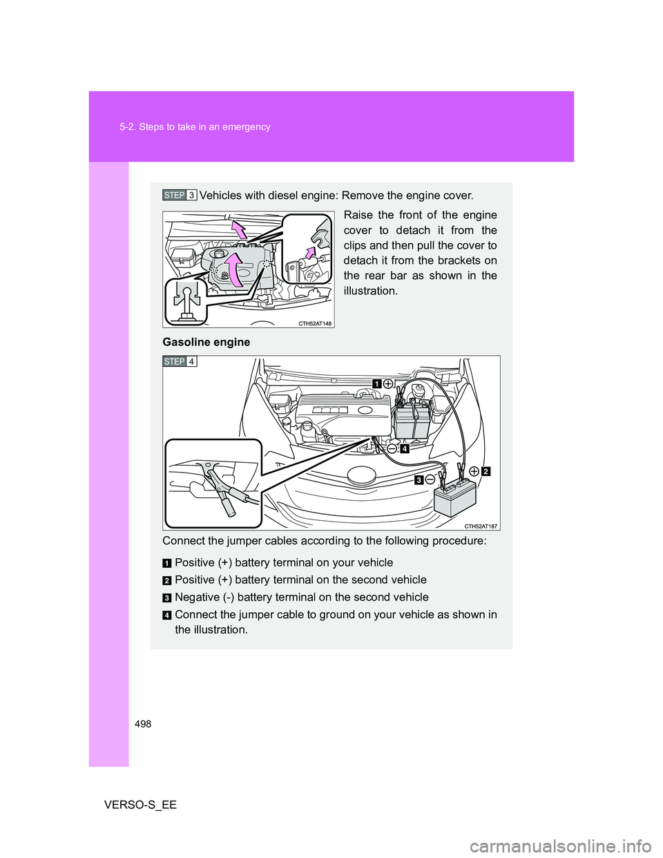 TOYOTA VERSO S 2014 Owners Manual 498 5-2. Steps to take in an emergency
VERSO-S_EE
Vehicles with diesel engine: Remove the engine cover.
Raise the front of the engine
cover to detach it from the
clips and then pull the cover to
detac TOYOTA VERSO S 2014 Owners Manual 498 5-2. Steps to take in an emergency
VERSO-S_EE
Vehicles with diesel engine: Remove the engine cover.
Raise the front of the engine
cover to detach it from the
clips and then pull the cover to
detac