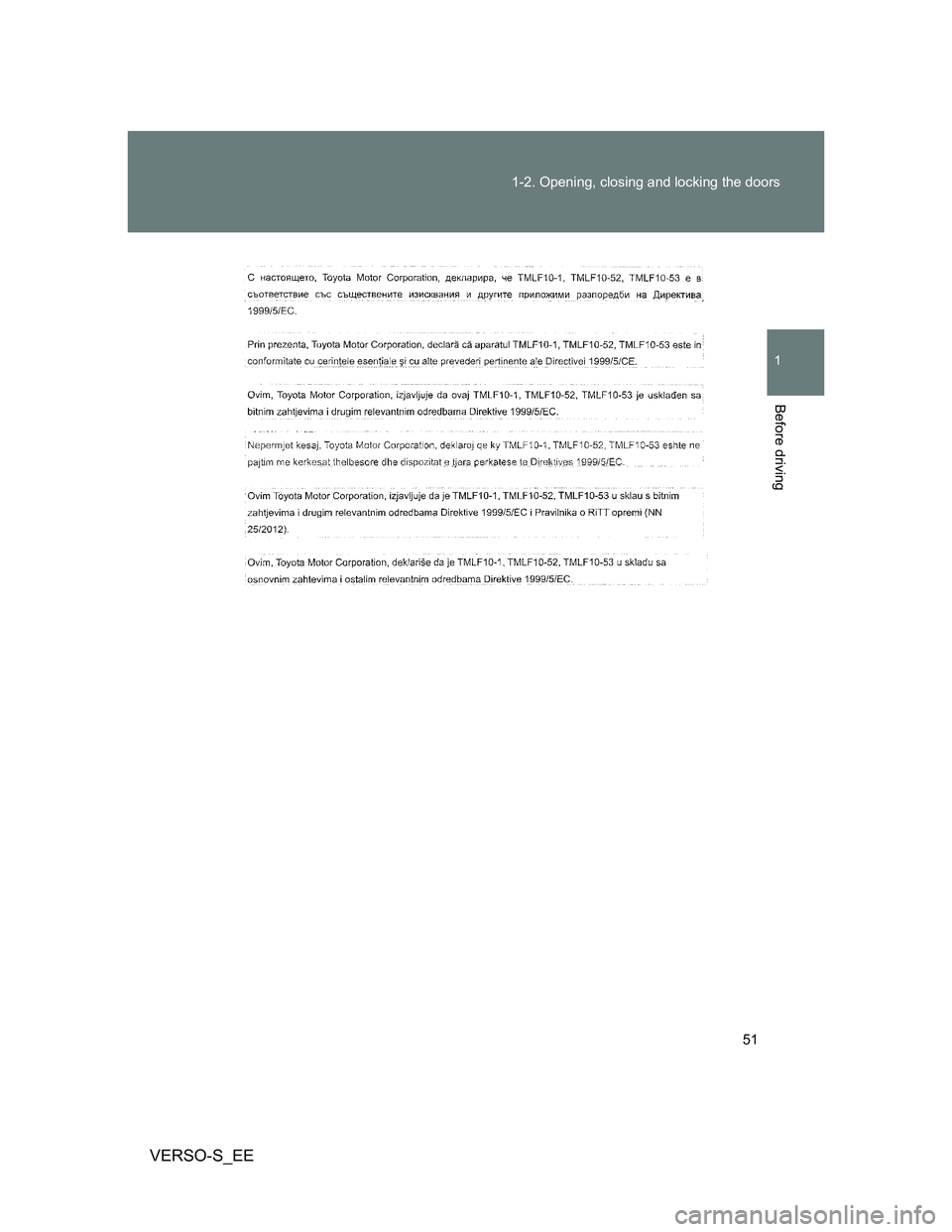 TOYOTA VERSO S 2014 Workshop Manual 51 1-2. Opening, closing and locking the doors
1
Before driving
VERSO-S_EE 