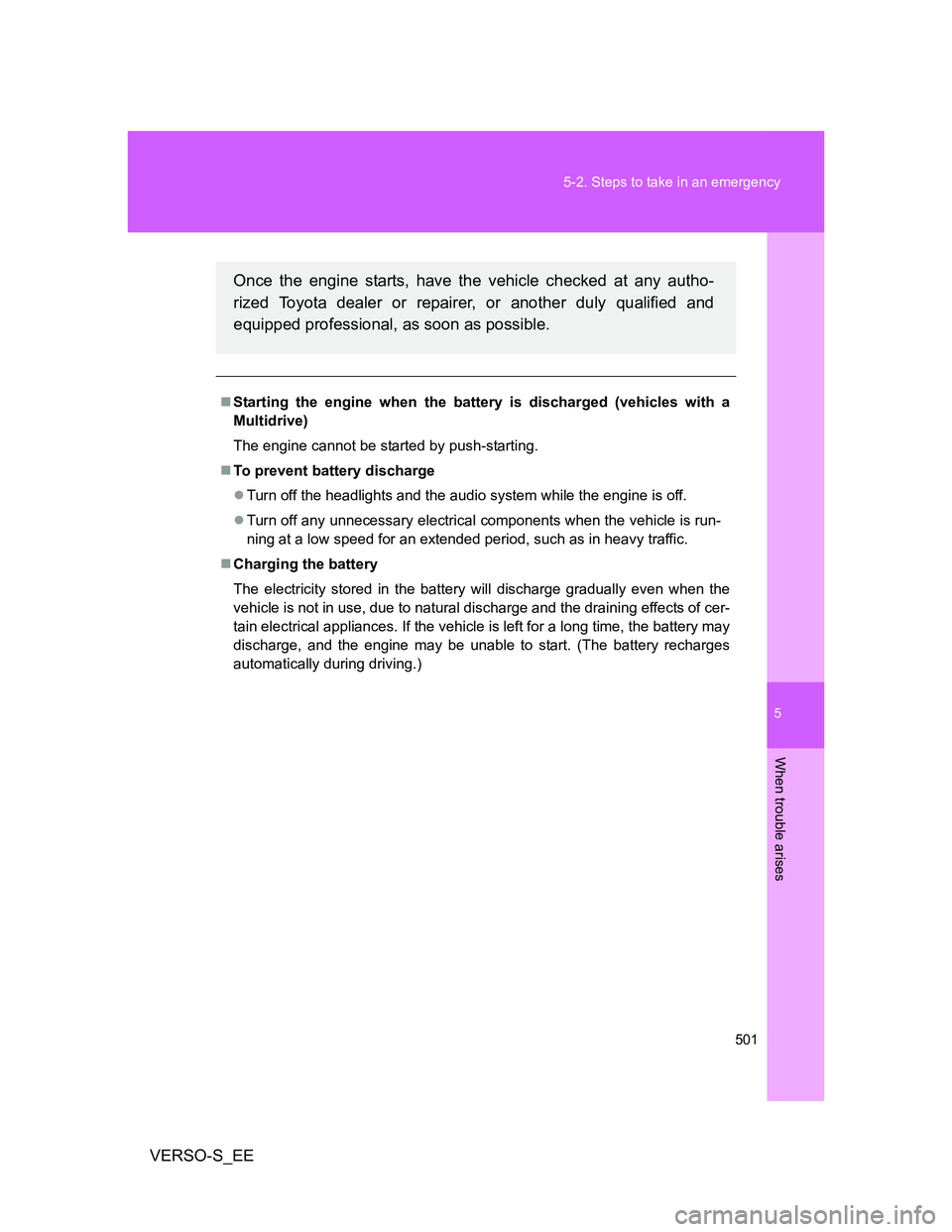 TOYOTA VERSO S 2014 Owners Manual 5
501 5-2. Steps to take in an emergency
When trouble arises
VERSO-S_EE
Starting the engine when the battery is discharged (vehicles with a
Multidrive)
The engine cannot be started by push-starting TOYOTA VERSO S 2014 Owners Manual 5
501 5-2. Steps to take in an emergency
When trouble arises
VERSO-S_EE
Starting the engine when the battery is discharged (vehicles with a
Multidrive)
The engine cannot be started by push-starting