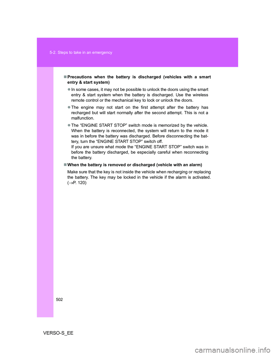 TOYOTA VERSO S 2014 Owners Manual 502 5-2. Steps to take in an emergency
VERSO-S_EE
Precautions when the battery is discharged (vehicles with a smart
entry & start system)
In some cases, it may not be possible to unlock the door TOYOTA VERSO S 2014 Owners Manual 502 5-2. Steps to take in an emergency
VERSO-S_EE
Precautions when the battery is discharged (vehicles with a smart
entry & start system)
In some cases, it may not be possible to unlock the door