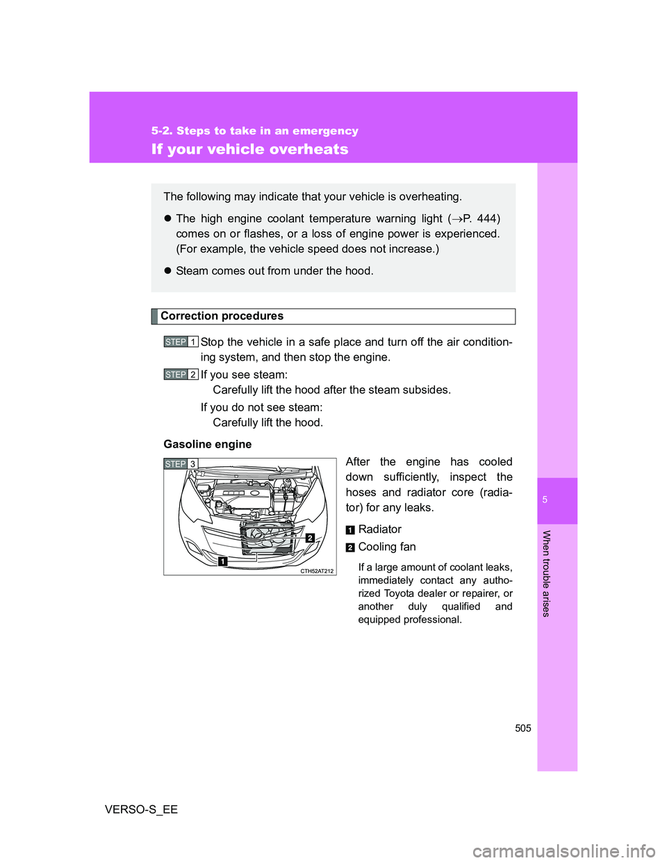 TOYOTA VERSO S 2014 Owners Manual 5
505
5-2. Steps to take in an emergency
When trouble arises
VERSO-S_EE
If your vehicle overheats
Correction procedures
Stop the vehicle in a safe place and turn off the air condition-
ing system, and TOYOTA VERSO S 2014 Owners Manual 5
505
5-2. Steps to take in an emergency
When trouble arises
VERSO-S_EE
If your vehicle overheats
Correction procedures
Stop the vehicle in a safe place and turn off the air condition-
ing system, and
