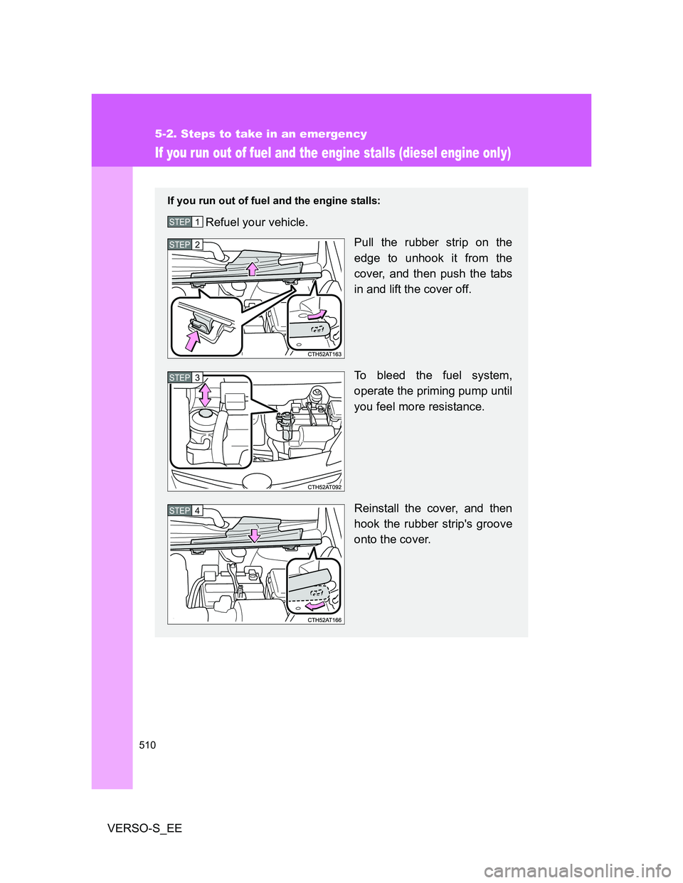 TOYOTA VERSO S 2014 Owners Manual 510
5-2. Steps to take in an emergency
VERSO-S_EE
If you run out of fuel and the engine stalls (diesel engine only)
If you run out of fuel and the engine stalls:
Refuel your vehicle.
Pull the rubber s TOYOTA VERSO S 2014 Owners Manual 510
5-2. Steps to take in an emergency
VERSO-S_EE
If you run out of fuel and the engine stalls (diesel engine only)
If you run out of fuel and the engine stalls:
Refuel your vehicle.
Pull the rubber s