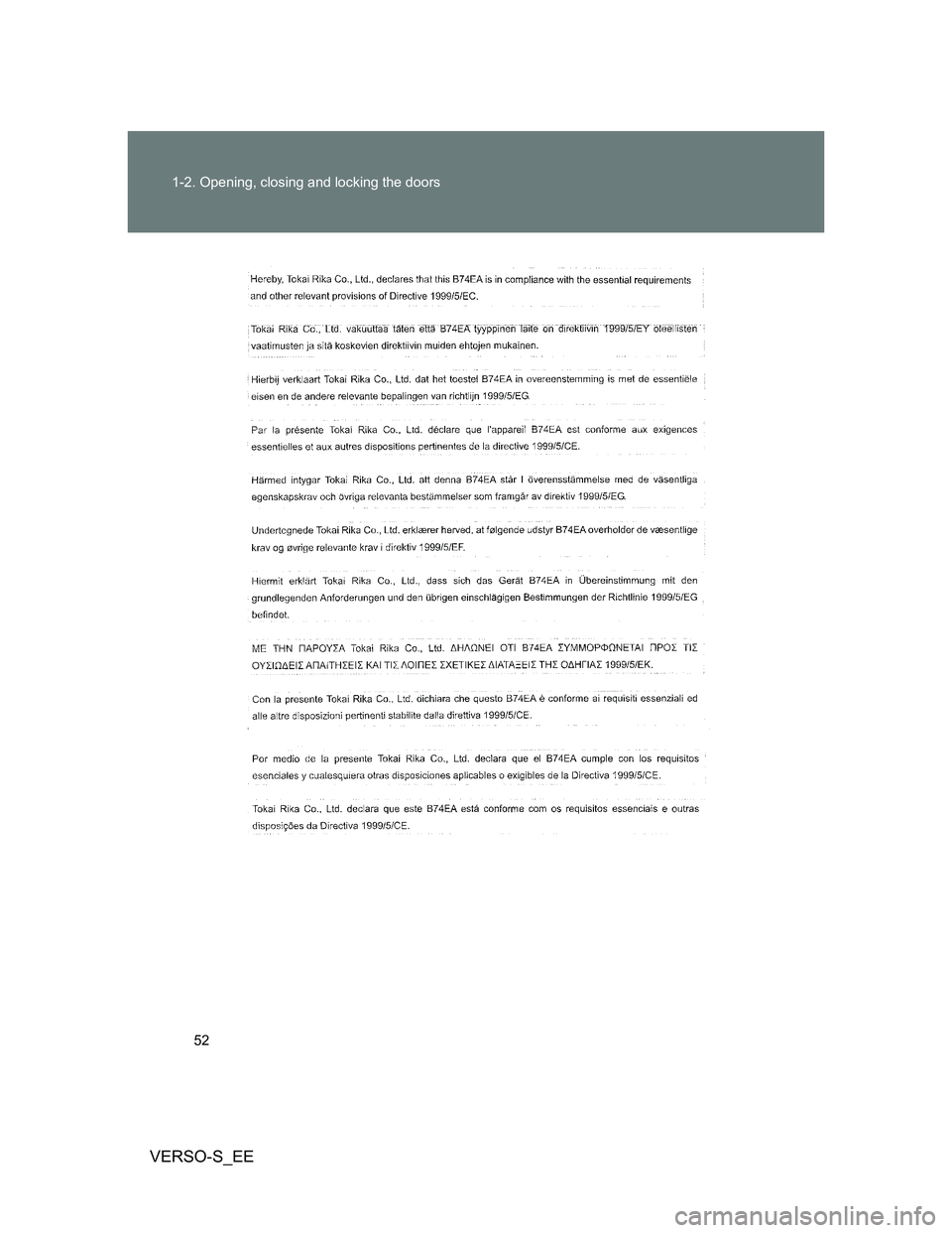 TOYOTA VERSO S 2014 Workshop Manual 52 1-2. Opening, closing and locking the doors
VERSO-S_EE 