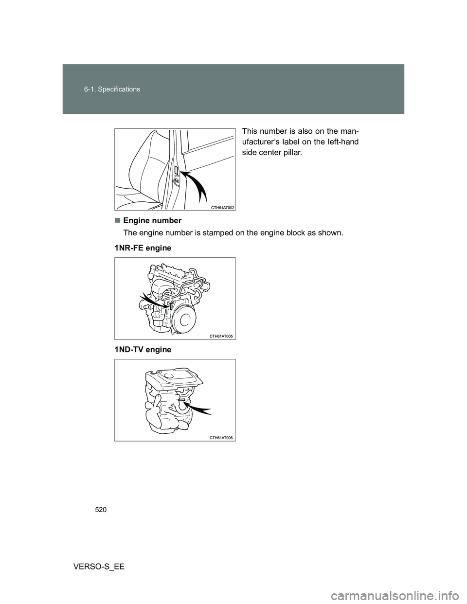 TOYOTA VERSO S 2014  Owners Manual 520 6-1. Specifications
VERSO-S_EEThis number is also on the man-
ufacturer’s label on the left-hand
side center pillar.
Engine number
The engine number is stamped on the engine block as shown.
1