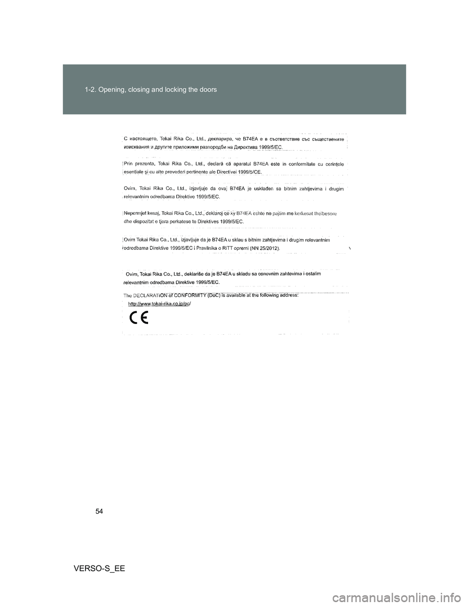 TOYOTA VERSO S 2014 Workshop Manual 54 1-2. Opening, closing and locking the doors
VERSO-S_EE 