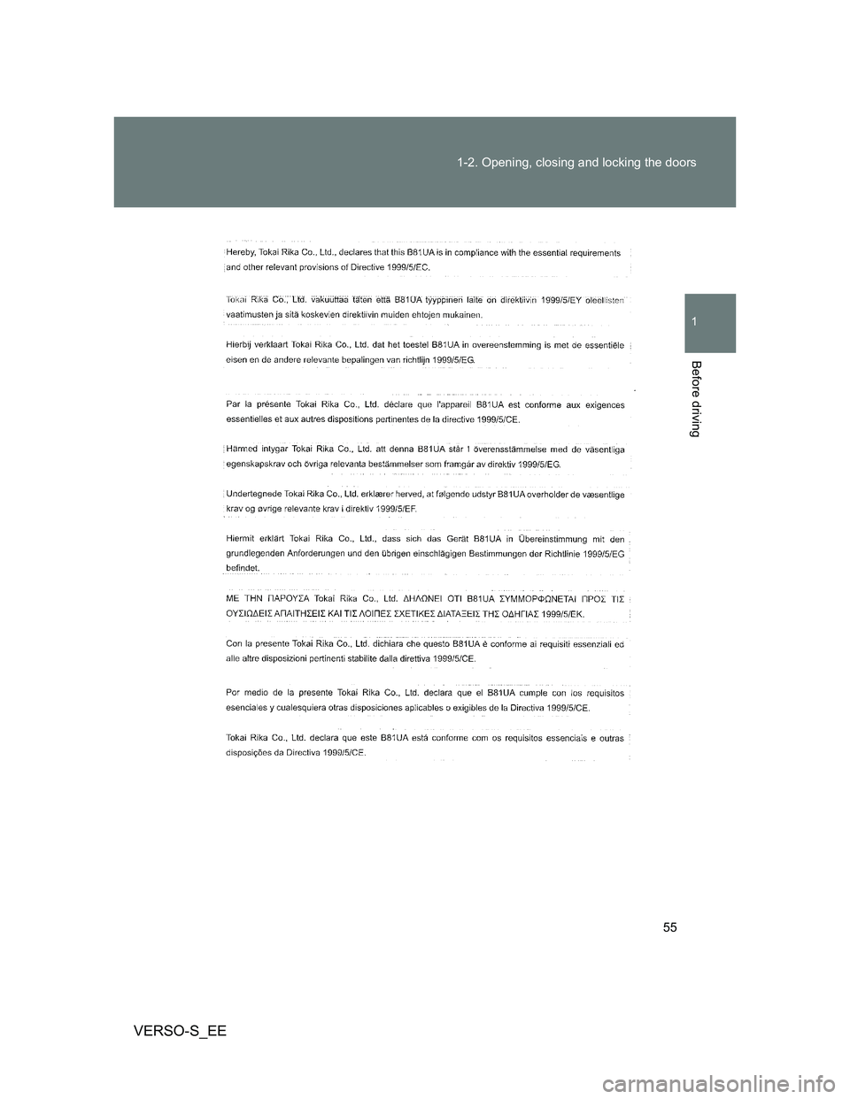 TOYOTA VERSO S 2014 Workshop Manual 55 1-2. Opening, closing and locking the doors
1
Before driving
VERSO-S_EE 