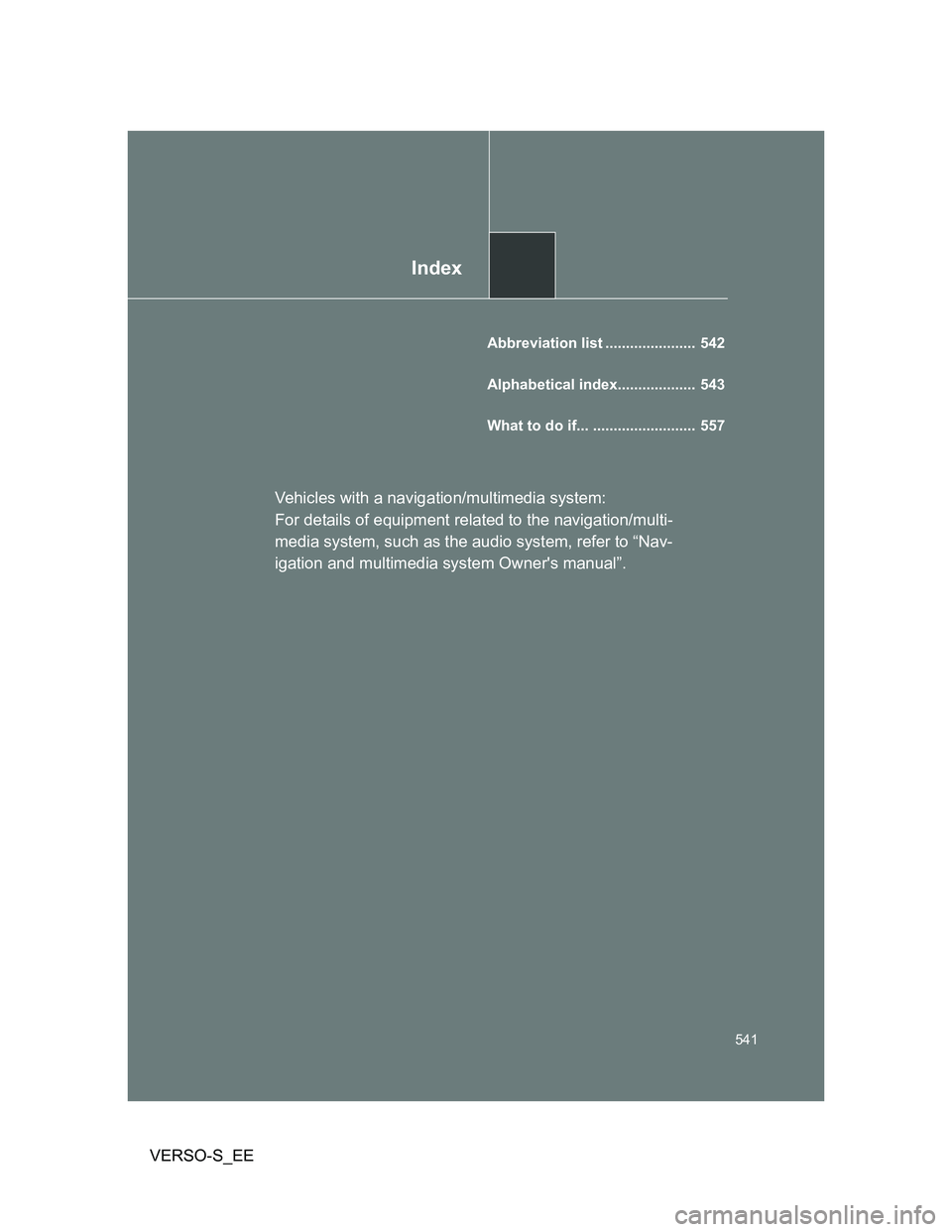 TOYOTA VERSO S 2014 Owners Manual Index
541
VERSO-S_EE
Abbreviation list ...................... 542
Alphabetical index................... 543
What to do if... ......................... 557
Vehicles with a navigation/multimedia syst TOYOTA VERSO S 2014 Owners Manual Index
541
VERSO-S_EE
Abbreviation list ...................... 542
Alphabetical index................... 543
What to do if... ......................... 557
Vehicles with a navigation/multimedia syst