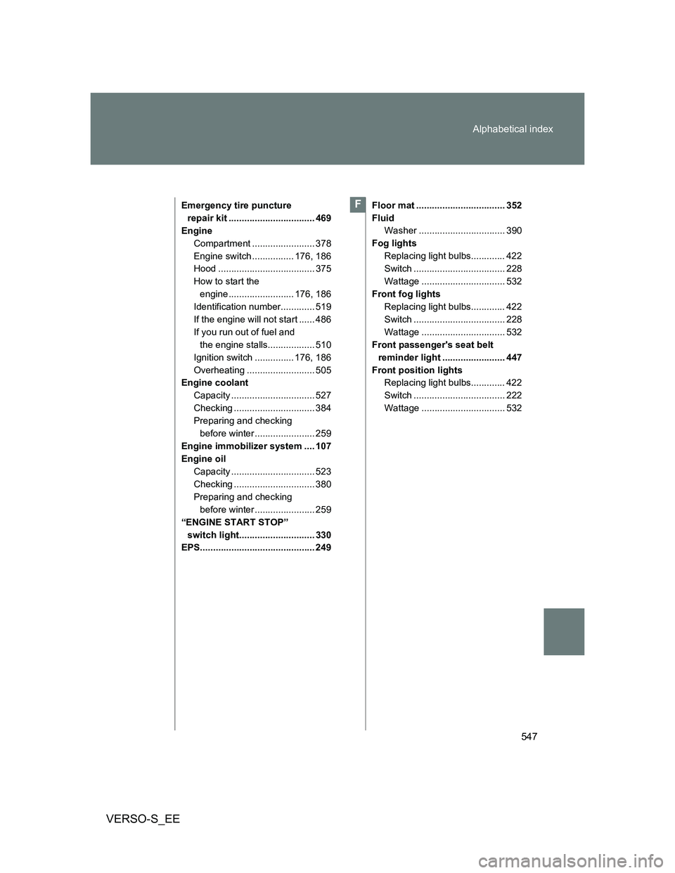 TOYOTA VERSO S 2014 Owners Manual 547 Alphabetical index
VERSO-S_EE
Emergency tire puncture
repair kit ................................. 469
Engine
Compartment ........................ 378
Engine switch ................ 176, 186
Hood TOYOTA VERSO S 2014 Owners Manual 547 Alphabetical index
VERSO-S_EE
Emergency tire puncture
repair kit ................................. 469
Engine
Compartment ........................ 378
Engine switch ................ 176, 186
Hood