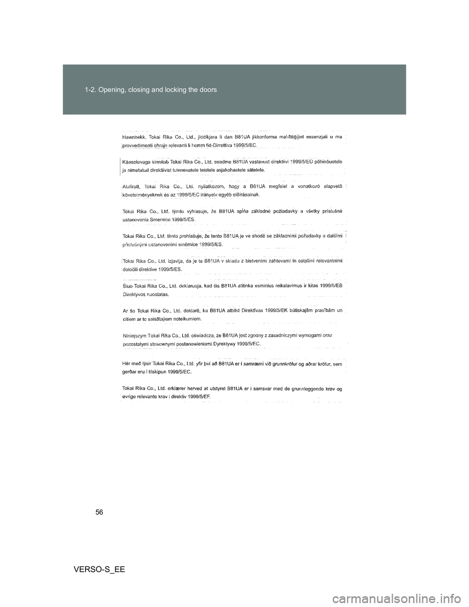 TOYOTA VERSO S 2014 Workshop Manual 56 1-2. Opening, closing and locking the doors
VERSO-S_EE 