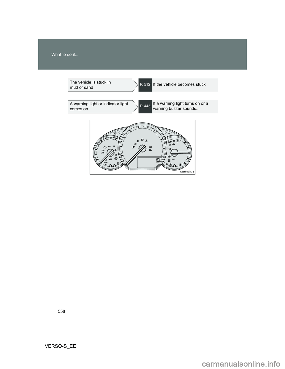 TOYOTA VERSO S 2014 Owners Manual 558 What to do if...
VERSO-S_EE
The vehicle is stuck in
mud or sandP. 512If the vehicle becomes stuck
A warning light or indicator light
comes onP. 443If a warning light turns on or a
warning buzze TOYOTA VERSO S 2014 Owners Manual 558 What to do if...
VERSO-S_EE
The vehicle is stuck in
mud or sandP. 512If the vehicle becomes stuck
A warning light or indicator light
comes onP. 443If a warning light turns on or a
warning buzze