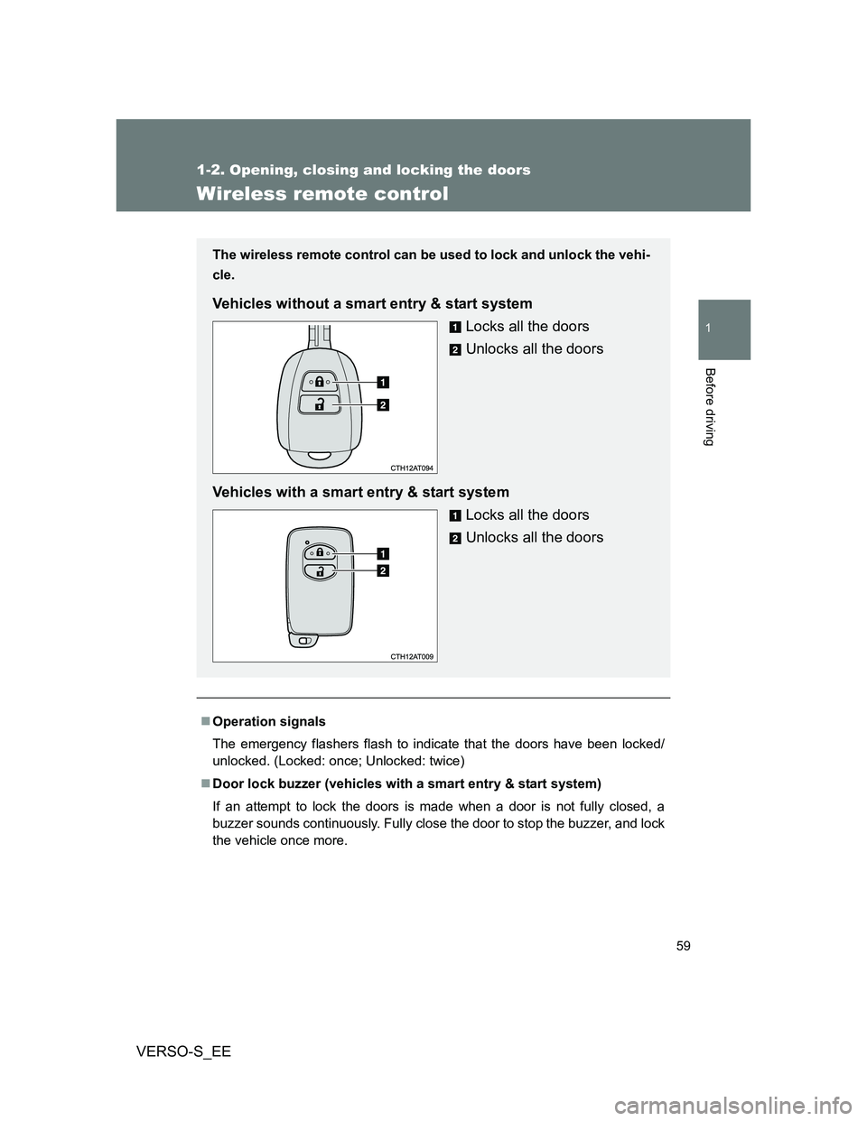 TOYOTA VERSO S 2014  Owners Manual 59
1
1-2. Opening, closing and locking the doors
Before driving
VERSO-S_EE
Wireless remote control
Operation signals
The emergency flashers flash to indicate that the doors have been locked/
unlock