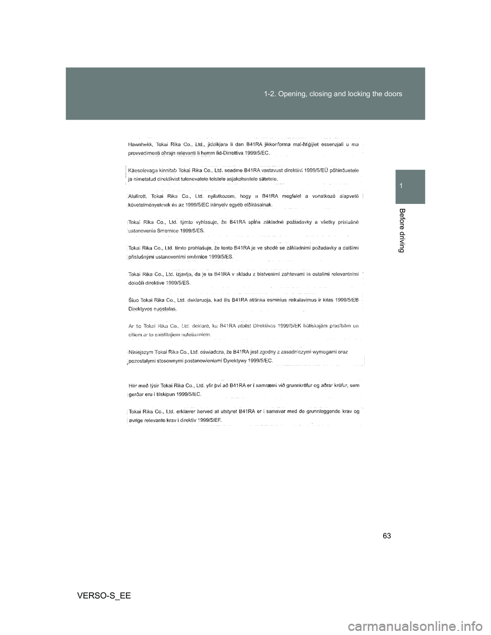 TOYOTA VERSO S 2014 Repair Manual 63 1-2. Opening, closing and locking the doors
1
Before driving
VERSO-S_EE 