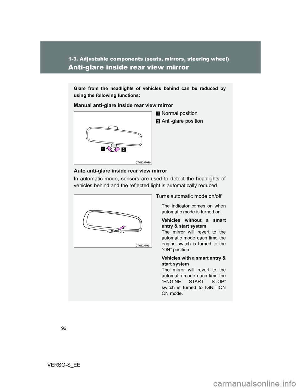 TOYOTA VERSO S 2014 Owners Manual 96
1-3. Adjustable components (seats, mirrors, steering wheel)
VERSO-S_EE
Anti-glare inside rear view mirror
Glare from the headlights of vehicles behind can be reduced by
using the following function TOYOTA VERSO S 2014 Owners Manual 96
1-3. Adjustable components (seats, mirrors, steering wheel)
VERSO-S_EE
Anti-glare inside rear view mirror
Glare from the headlights of vehicles behind can be reduced by
using the following function