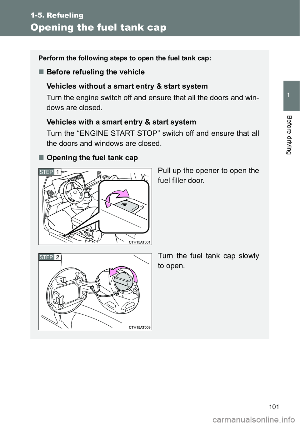 TOYOTA VERSO S 2015  Owners Manual 101
1
Before driving
1-5. Refueling
Opening the fuel tank cap
Perform the following steps to open the fuel tank cap:
Before refueling the vehicle
Vehicles without a smart entry & start system
Turn 