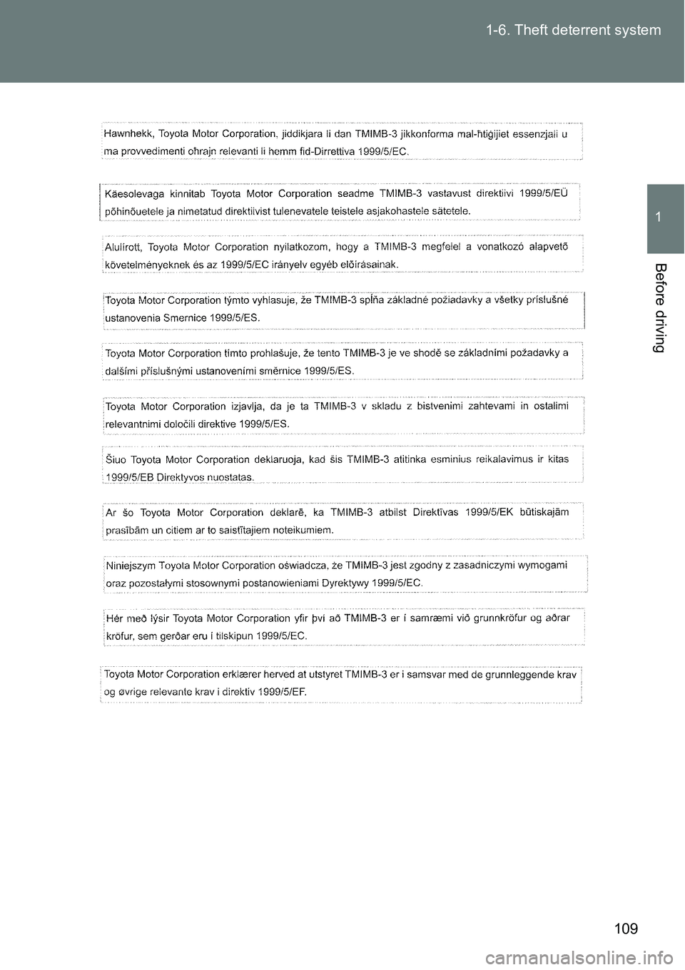TOYOTA VERSO S 2015  Owners Manual 109 1-6. Theft deterrent system
1
Before driving 