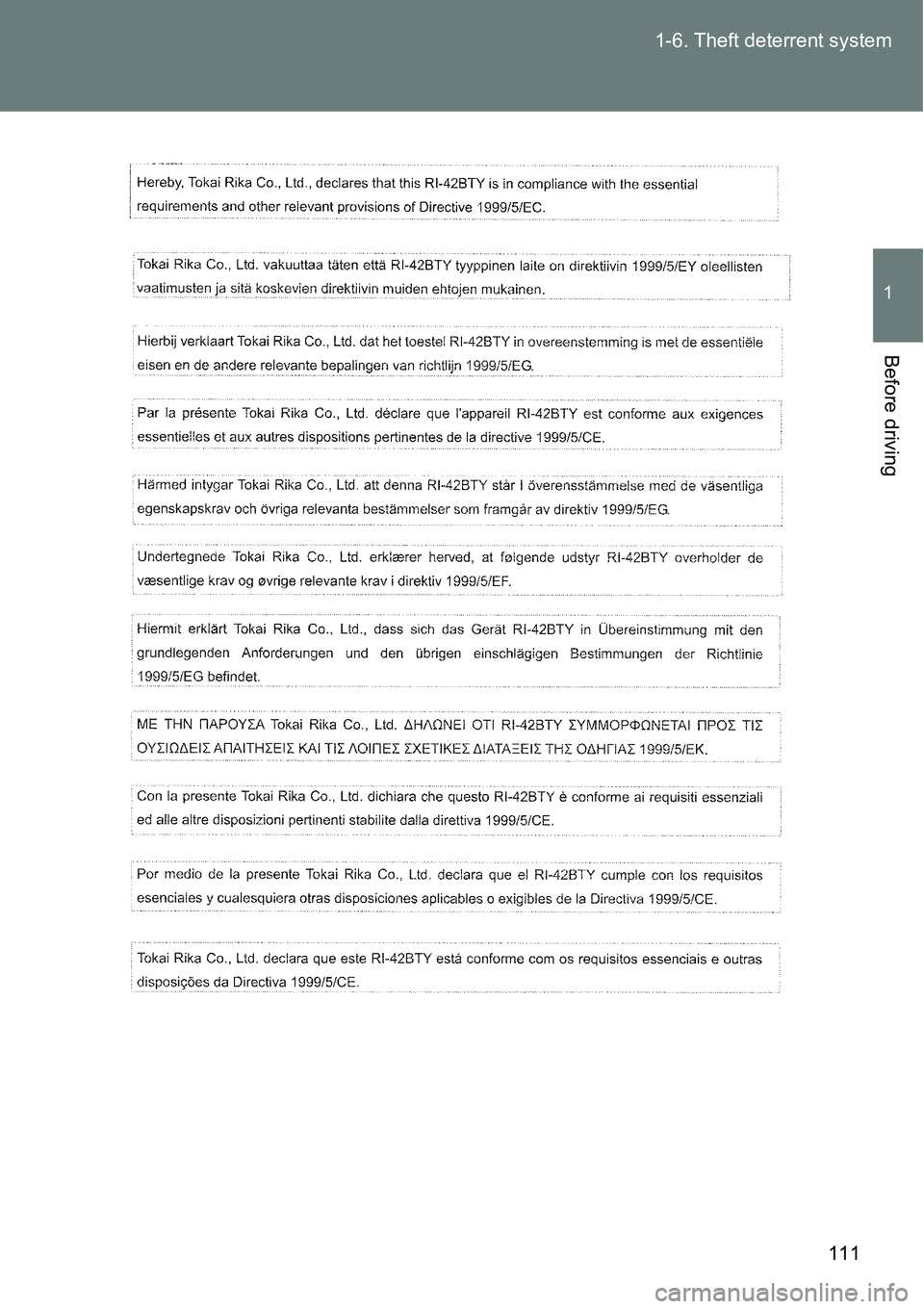 TOYOTA VERSO S 2015  Owners Manual 111 1-6. Theft deterrent system
1
Before driving 