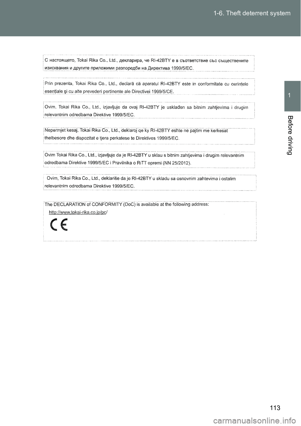 TOYOTA VERSO S 2015  Owners Manual 113 1-6. Theft deterrent system
1
Before driving 