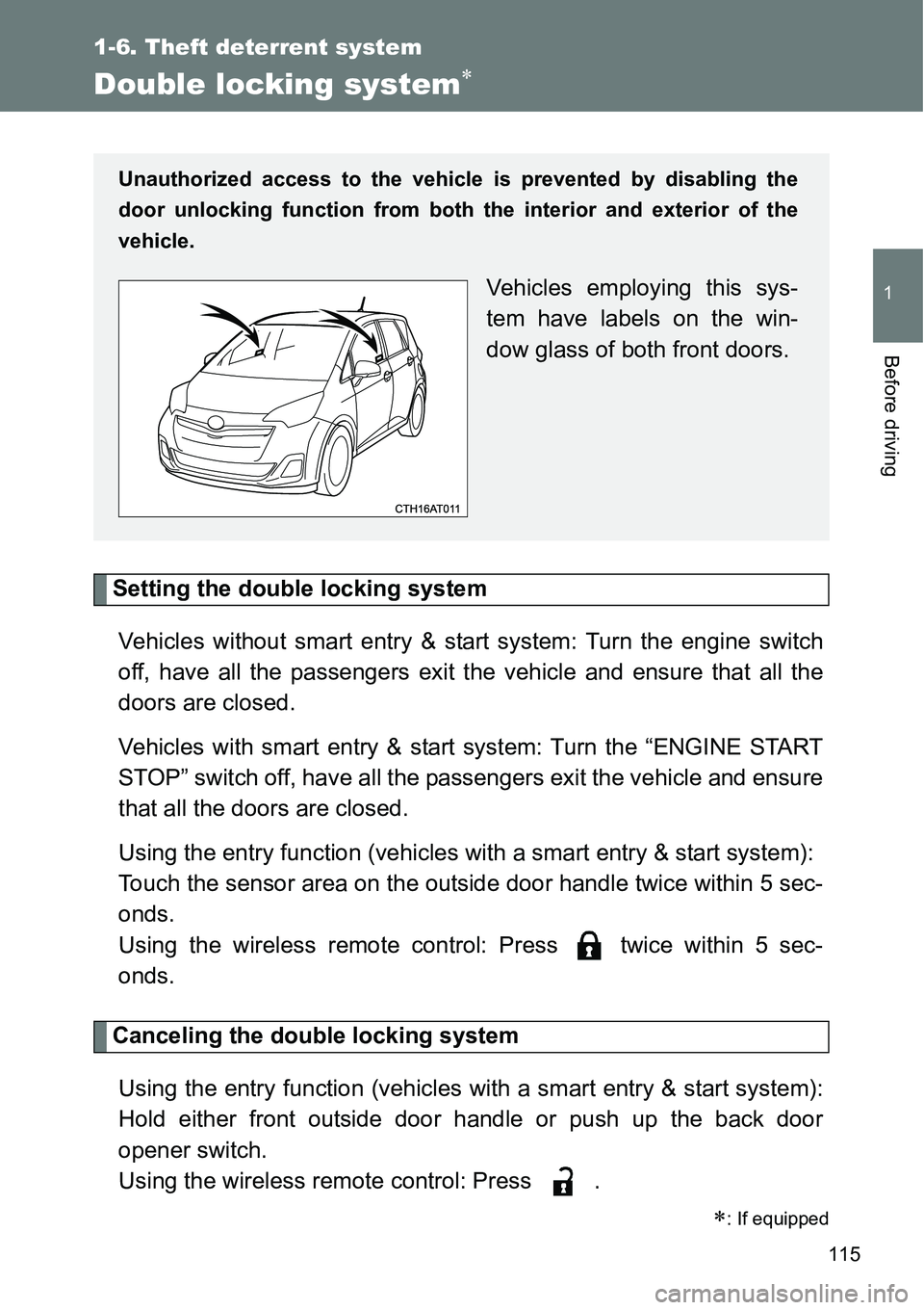 TOYOTA VERSO S 2015 Owners Manual 115
1
1-6. Theft deterrent system
Before driving
Double locking system
Setting the double locking system
Vehicles without smart entry & start system: Turn the engine switch
off, have all the passen TOYOTA VERSO S 2015 Owners Manual 115
1
1-6. Theft deterrent system
Before driving
Double locking system
Setting the double locking system
Vehicles without smart entry & start system: Turn the engine switch
off, have all the passen