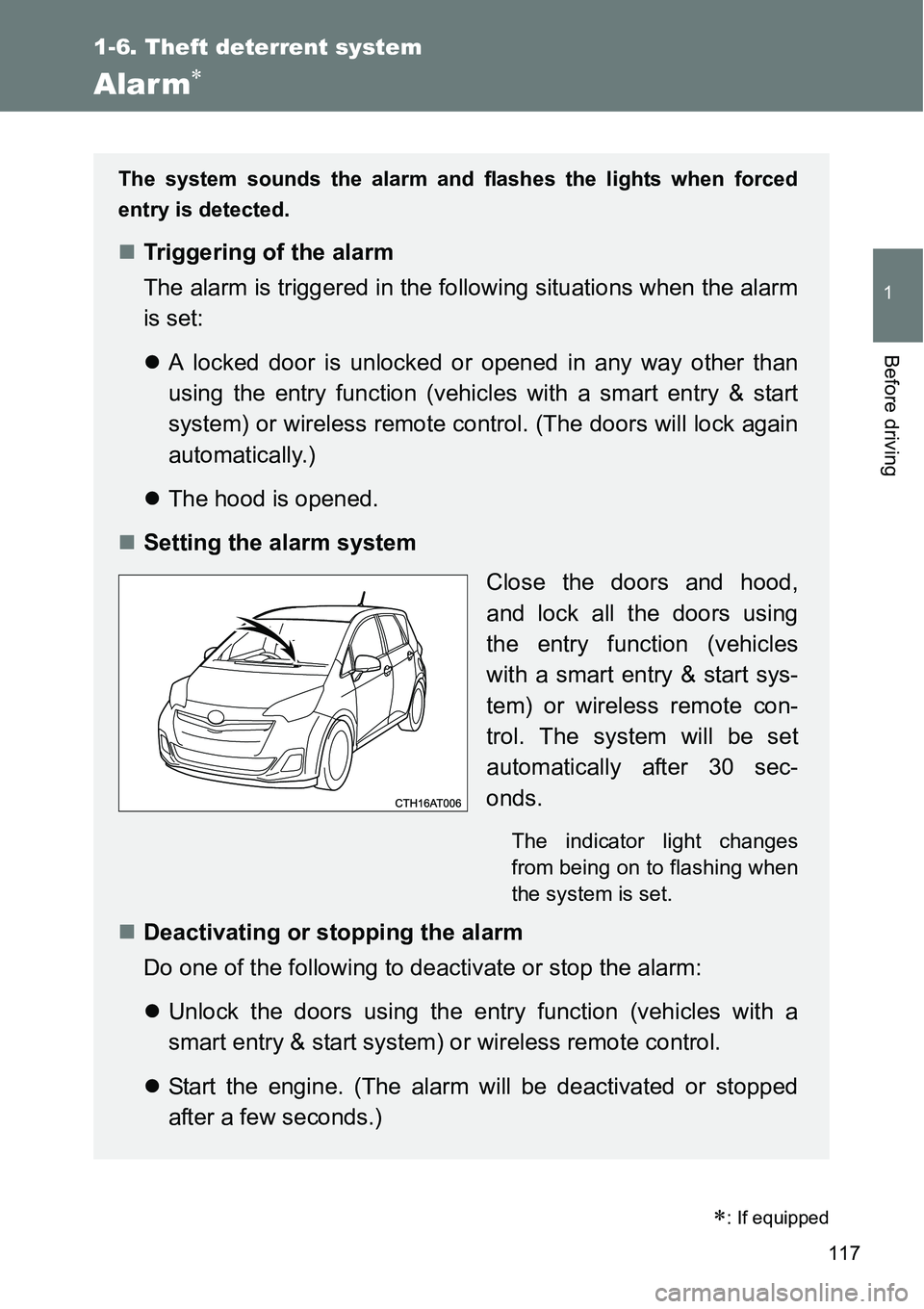 TOYOTA VERSO S 2015 Owners Manual 117
1
1-6. Theft deterrent system
Before driving
Alarm
: If equipped
The system sounds the alarm and flashes the lights when forced
entry is detected.
Triggering of the alarm
The alarm is tri TOYOTA VERSO S 2015 Owners Manual 117
1
1-6. Theft deterrent system
Before driving
Alarm
: If equipped
The system sounds the alarm and flashes the lights when forced
entry is detected.
Triggering of the alarm
The alarm is tri