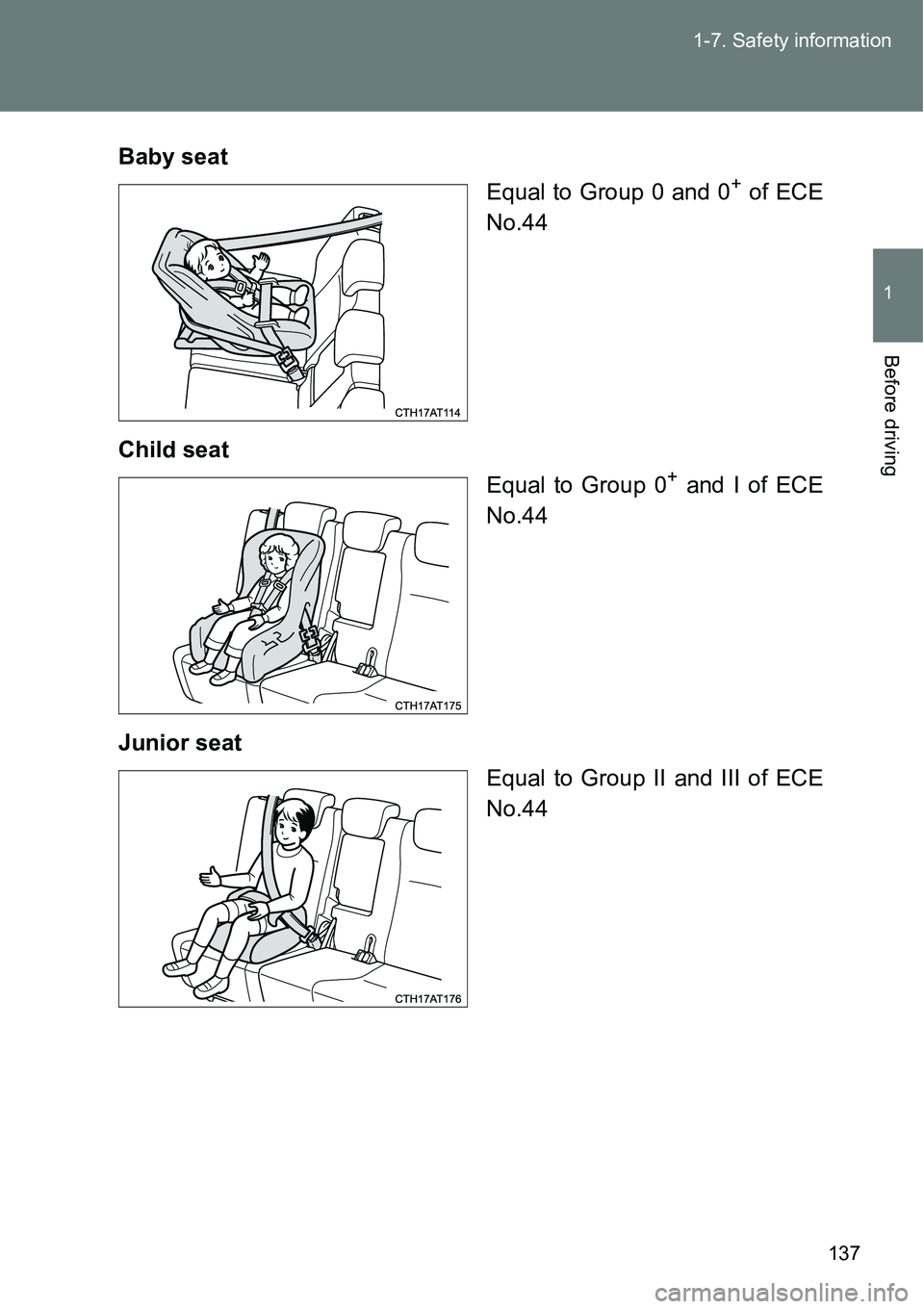 TOYOTA VERSO S 2015  Owners Manual 137 1-7. Safety information
1
Before driving
Baby seat
Equal to Group 0 and 0
+ of ECE
No.44
Child seat
Equal to Group 0
+ and I of ECE
No.44
Junior seat
Equal to Group II and III of ECE
No.44 