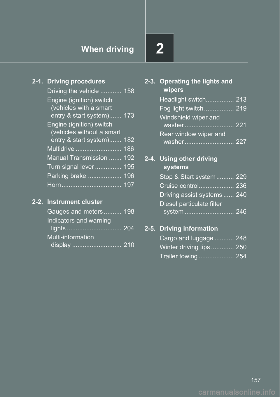 TOYOTA VERSO S 2015 Owners Manual 2When driving
157
2-1. Driving procedures
Driving the vehicle ............ 158
Engine (ignition) switch
(vehicles with a smart
entry & start system)....... 173
Engine (ignition) switch
(vehicles TOYOTA VERSO S 2015 Owners Manual 2When driving
157
2-1. Driving procedures
Driving the vehicle ............ 158
Engine (ignition) switch
(vehicles with a smart
entry & start system)....... 173
Engine (ignition) switch
(vehicles