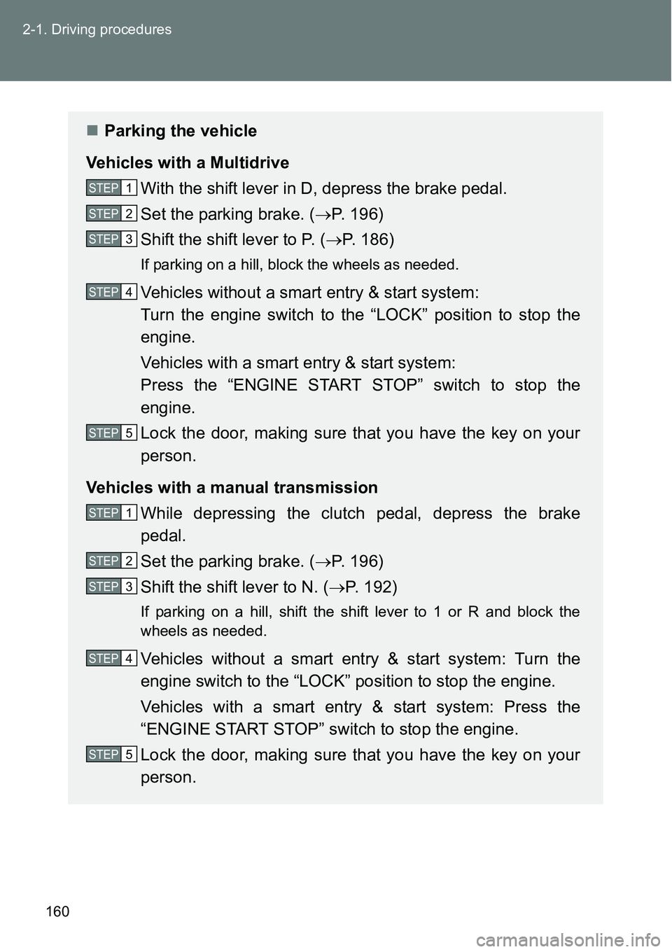 TOYOTA VERSO S 2015 Owners Manual 160 2-1. Driving procedures
Parking the vehicle
Vehicles with a Multidrive
With the shift lever in D, depress the brake pedal.
Set the parking brake. (P. 196)
Shift the shift lever to P. (P. TOYOTA VERSO S 2015 Owners Manual 160 2-1. Driving procedures
Parking the vehicle
Vehicles with a Multidrive
With the shift lever in D, depress the brake pedal.
Set the parking brake. (P. 196)
Shift the shift lever to P. (P.