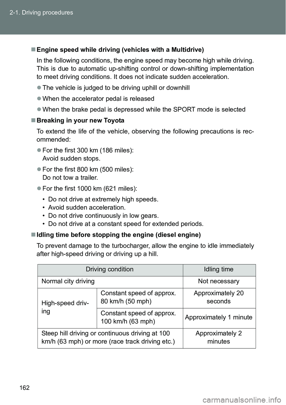 TOYOTA VERSO S 2015 Owners Manual 162 2-1. Driving procedures
Engine speed while driving (vehicles with a Multidrive)
In the following conditions, the engine speed may become high while driving.
This is due to automatic up-shifting TOYOTA VERSO S 2015 Owners Manual 162 2-1. Driving procedures
Engine speed while driving (vehicles with a Multidrive)
In the following conditions, the engine speed may become high while driving.
This is due to automatic up-shifting