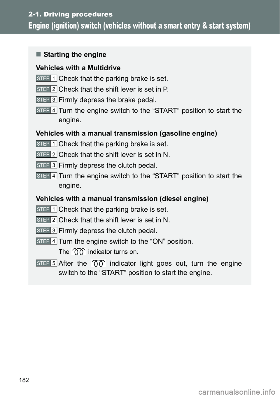 TOYOTA VERSO S 2015 Owners Manual 182
2-1. Driving procedures
Engine (ignition) switch (vehicles without a smar t entr y & star t system)
Starting the engine
Vehicles with a Multidrive
Check that the parking brake is set.
Check tha TOYOTA VERSO S 2015 Owners Manual 182
2-1. Driving procedures
Engine (ignition) switch (vehicles without a smar t entr y & star t system)
Starting the engine
Vehicles with a Multidrive
Check that the parking brake is set.
Check tha