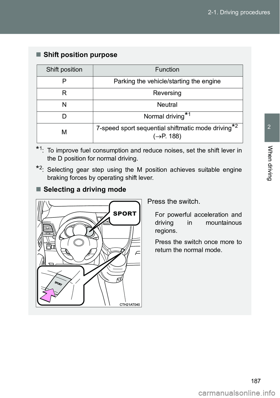 TOYOTA VERSO S 2015 Owners Manual 187 2-1. Driving procedures
2
When driving
Shift position purpose
*1: To improve fuel consumption and reduce noises, set the shift lever in
the D position for normal driving.
*2: Selecting gear ste TOYOTA VERSO S 2015 Owners Manual 187 2-1. Driving procedures
2
When driving
Shift position purpose
*1: To improve fuel consumption and reduce noises, set the shift lever in
the D position for normal driving.
*2: Selecting gear ste