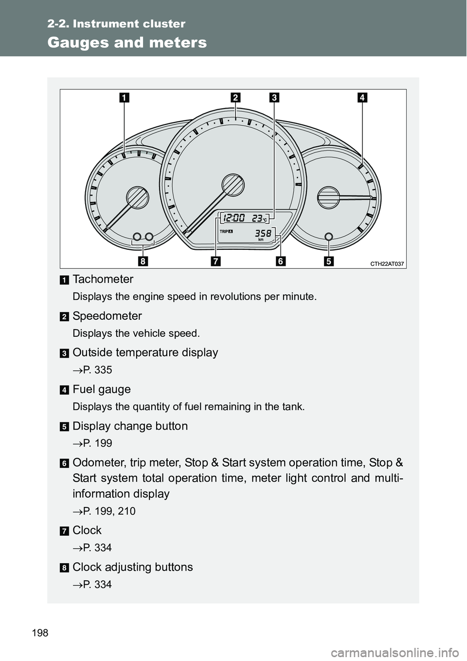 TOYOTA VERSO S 2015 Owners Manual 198
2-2. Instrument cluster
Gauges and meters
Tachometer
Displays the engine speed in revolutions per minute.
Speedometer
Displays the vehicle speed.
Outside temperature display
P. 335
Fuel gauge
D TOYOTA VERSO S 2015 Owners Manual 198
2-2. Instrument cluster
Gauges and meters
Tachometer
Displays the engine speed in revolutions per minute.
Speedometer
Displays the vehicle speed.
Outside temperature display
P. 335
Fuel gauge
D