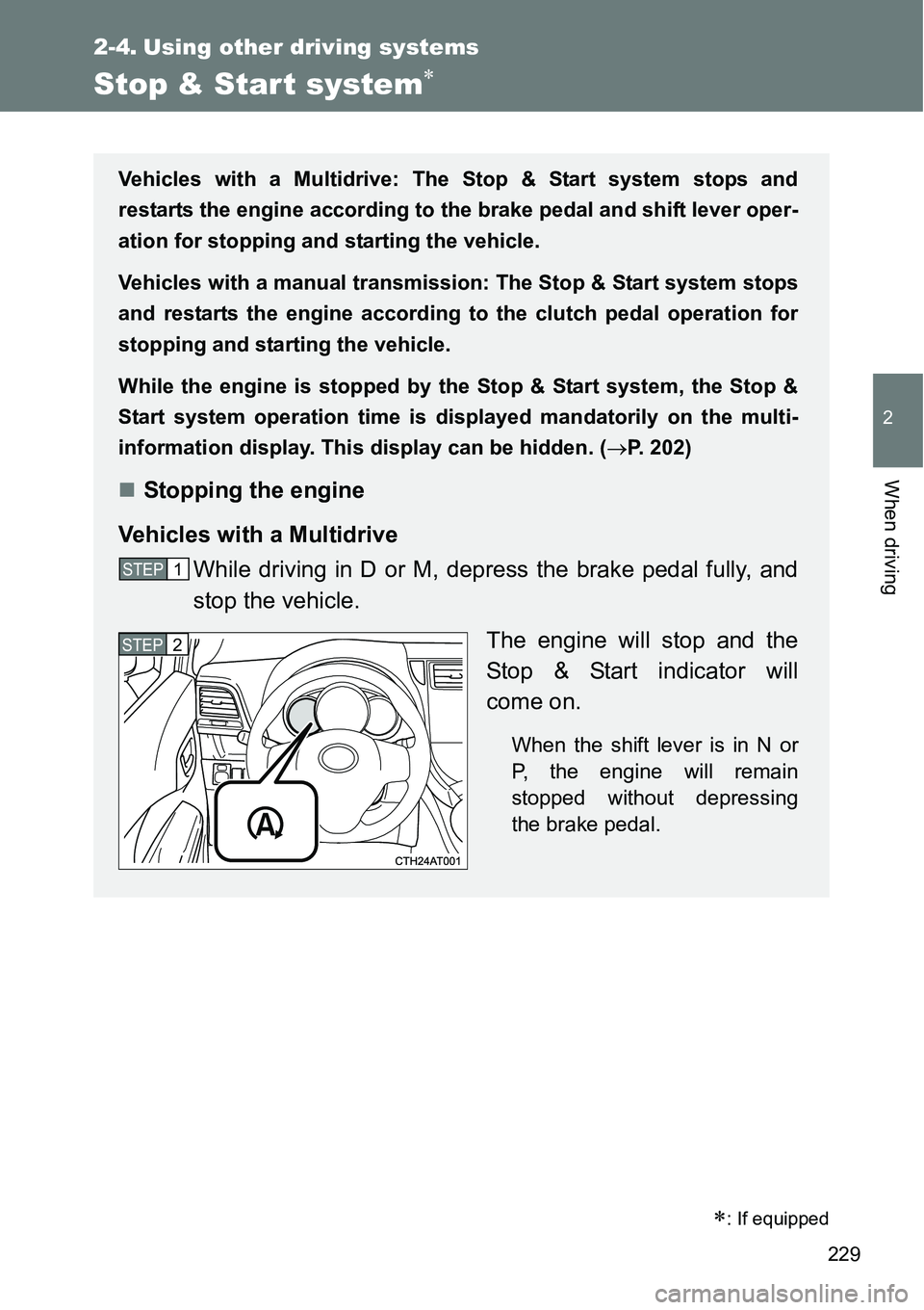 TOYOTA VERSO S 2015  Owners Manual 229
2
When driving
2-4. Using other driving systems
Stop & Start system
: If equipped
Vehicles with a Multidrive: The Stop & Start system stops and
restarts the engine according to the brake ped