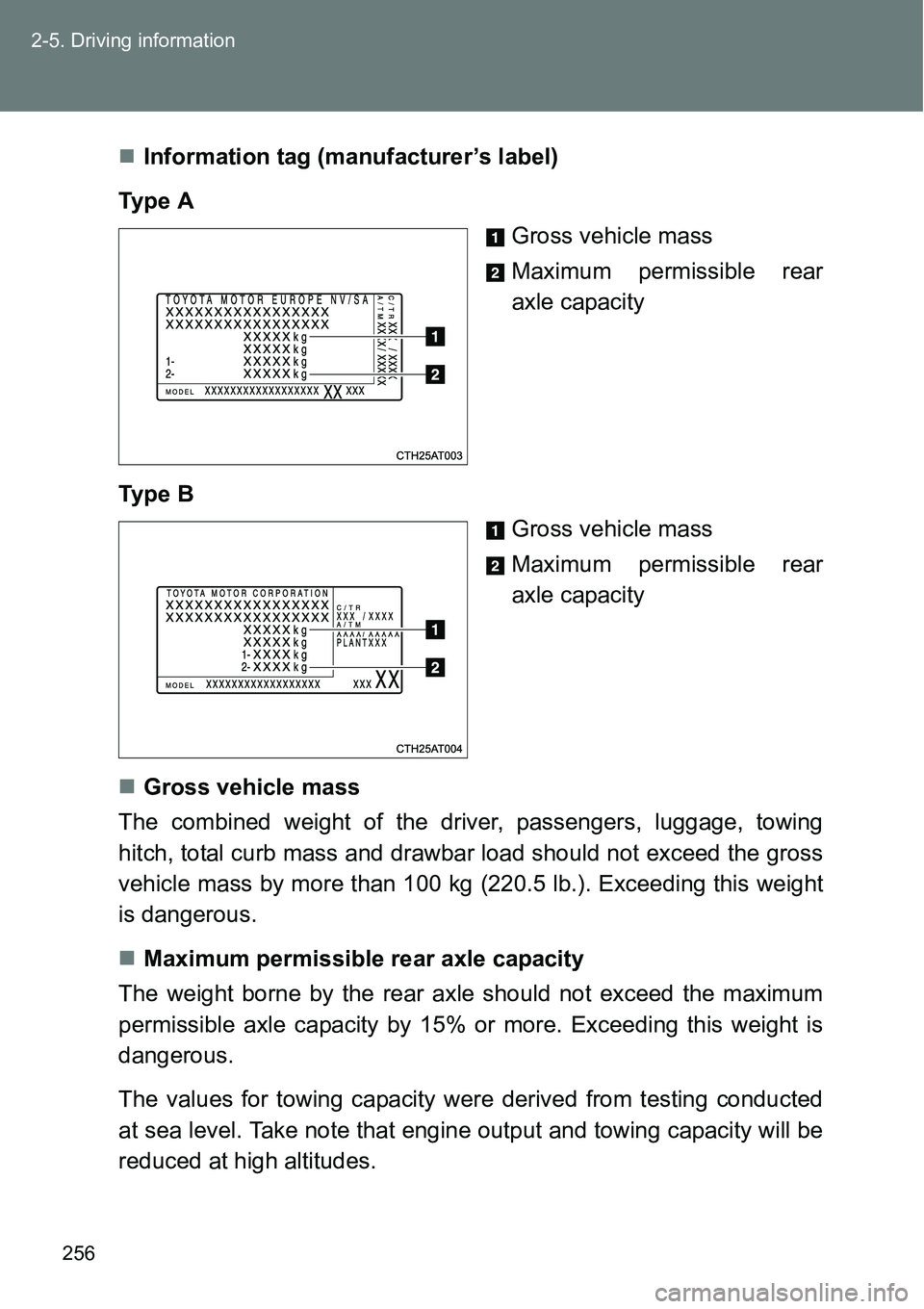 TOYOTA VERSO S 2015 Owners Manual 256 2-5. Driving information
Information tag (manufacturer’s label)
Ty p e A
Gross vehicle mass
Maximum permissible rear
axle capacity
Ty p e B
Gross vehicle mass
Maximum permissible rear
axle TOYOTA VERSO S 2015 Owners Manual 256 2-5. Driving information
Information tag (manufacturer’s label)
Ty p e A
Gross vehicle mass
Maximum permissible rear
axle capacity
Ty p e B
Gross vehicle mass
Maximum permissible rear
axle