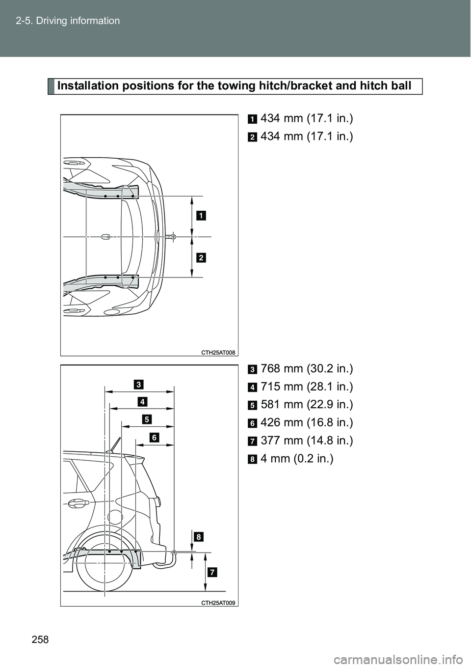 TOYOTA VERSO S 2015  Owners Manual 258 2-5. Driving information
Installation positions for the towing hitch/bracket and hitch ball
434 mm (17.1 in.)
434 mm (17.1 in.)
768 mm (30.2 in.)
715 mm (28.1 in.)
581 mm (22.9 in.)
426 mm (16.8 i