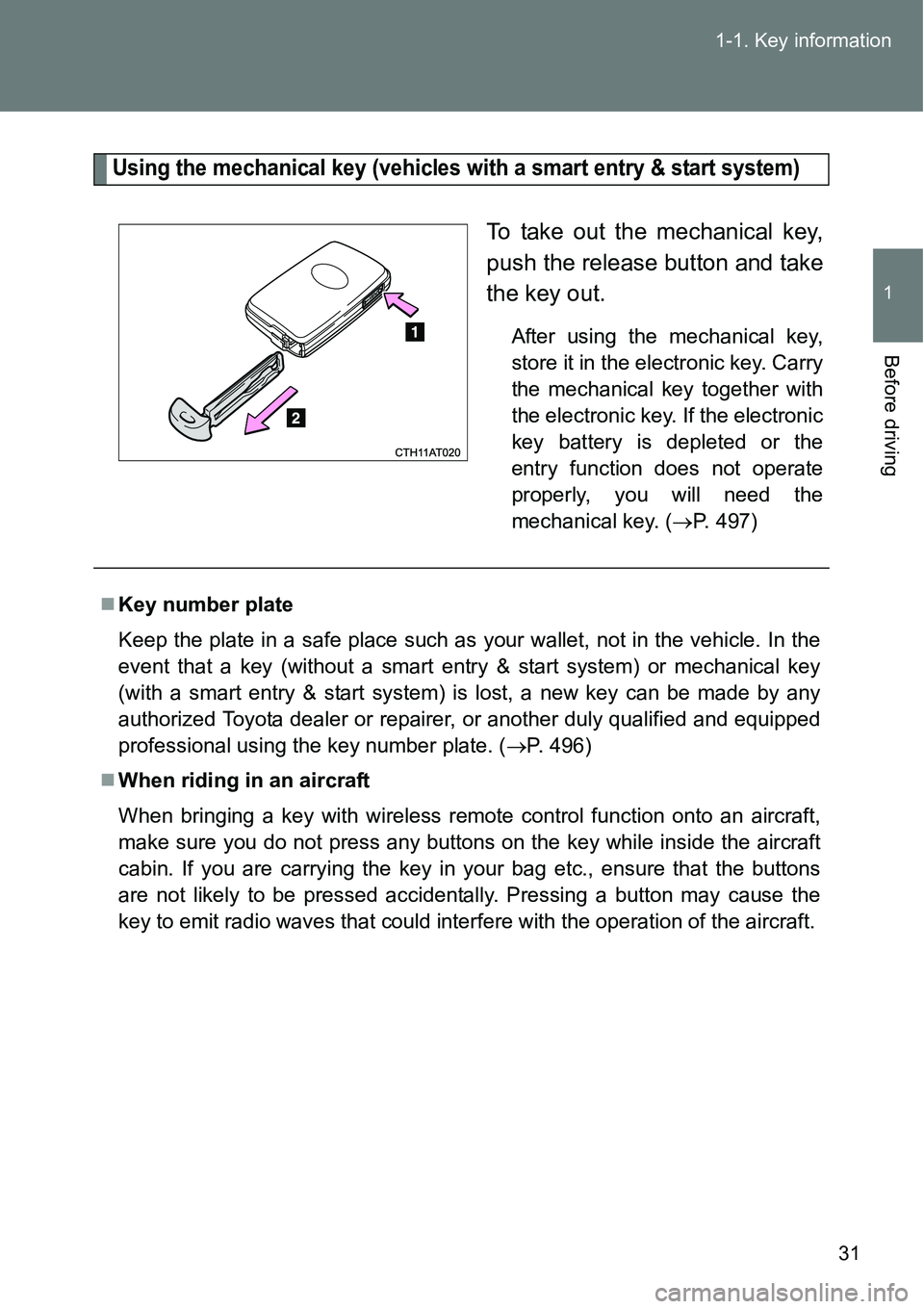 TOYOTA VERSO S 2015  Owners Manual 31 1-1. Key information
1
Before driving
Using the mechanical key (vehicles with a smart entry & start system)
To take out the mechanical key,
push the release button and take
the key out.
After using