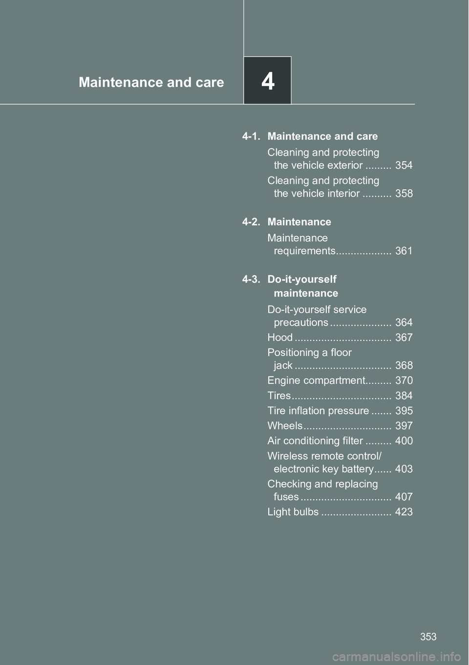 TOYOTA VERSO S 2015  Owners Manual 4Maintenance and care
353
4-1. Maintenance and care
Cleaning and protecting 
the vehicle exterior .........  354
Cleaning and protecting 
the vehicle interior ..........  358
4-2. Maintenance
Maintena