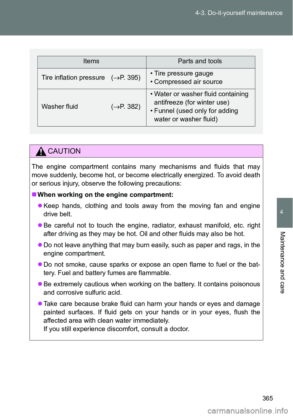 TOYOTA VERSO S 2015  Owners Manual 365 4-3. Do-it-yourself maintenance
4
Maintenance and care
CAUTION
The engine compartment contains many mechanisms and fluids that may
move suddenly, become hot, or become electrically energized. To a
