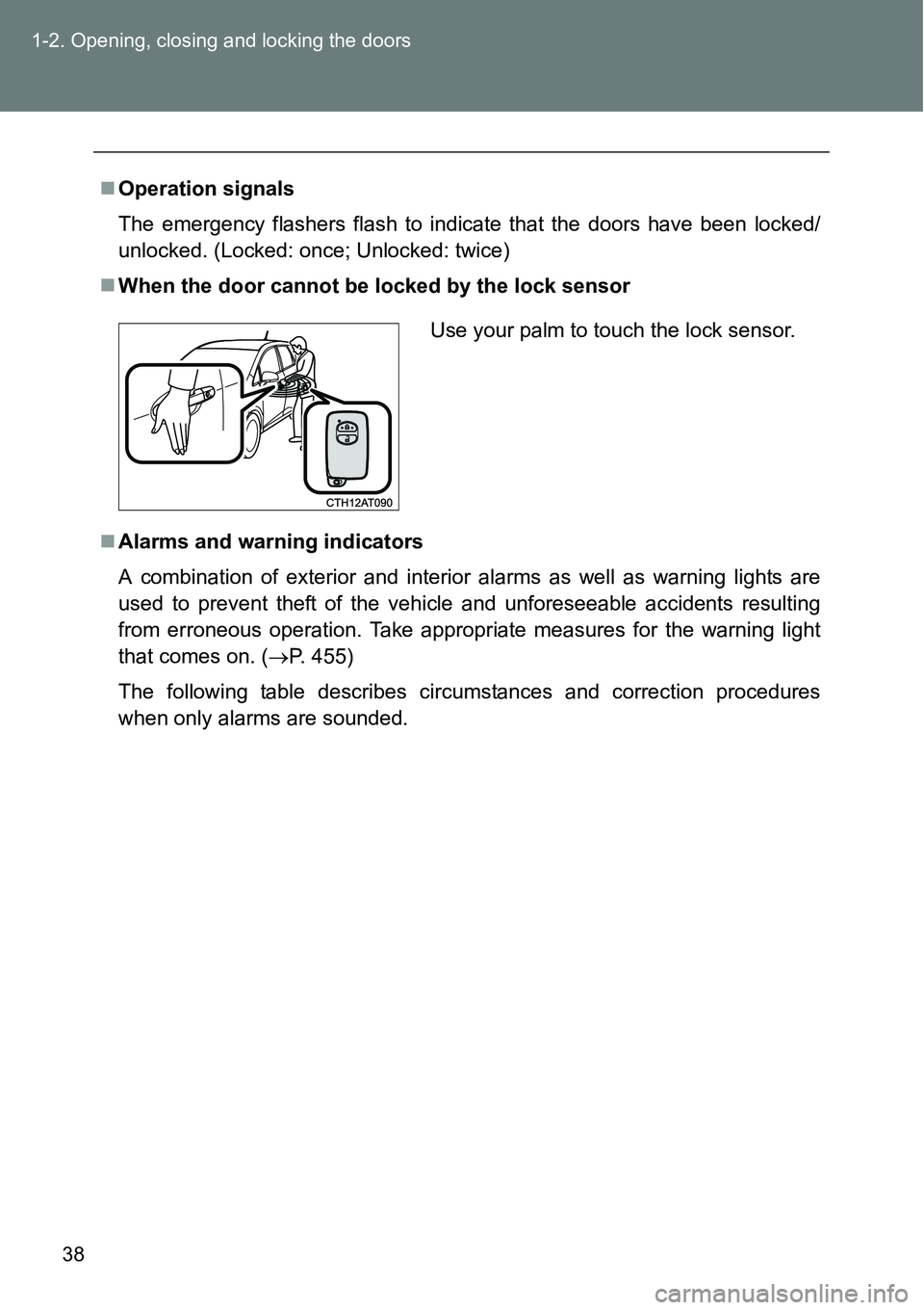 TOYOTA VERSO S 2015 Owners Guide 38 1-2. Opening, closing and locking the doors
Operation signals
The emergency flashers flash to indicate that the doors have been locked/
unlocked. (Locked: once; Unlocked: twice)
When the door
