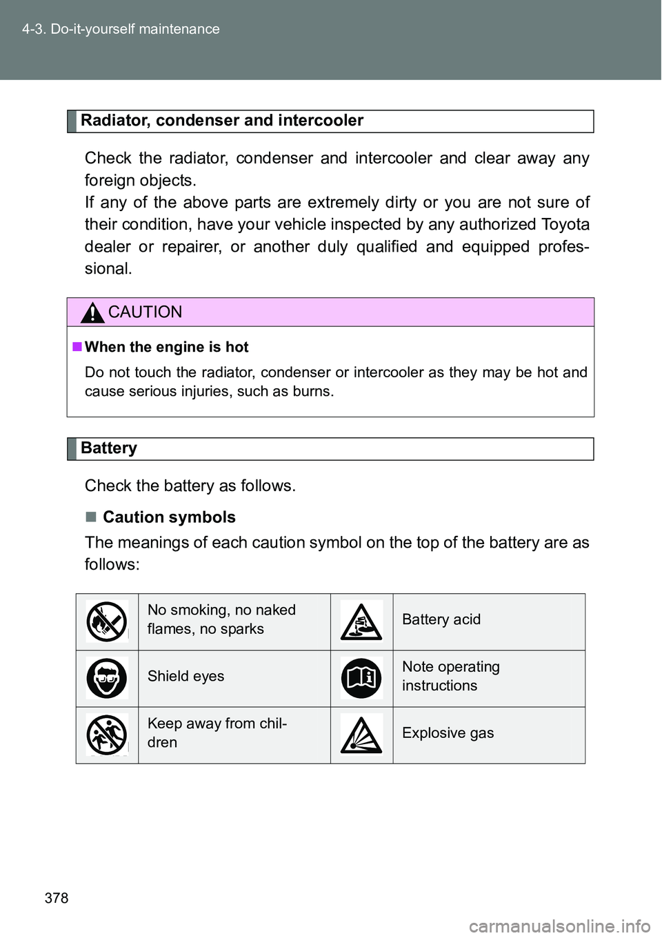 TOYOTA VERSO S 2015  Owners Manual 378 4-3. Do-it-yourself maintenance
Radiator, condenser and intercooler
Check the radiator, condenser and intercooler and clear away any
foreign objects. 
If any of the above parts are extremely dirty