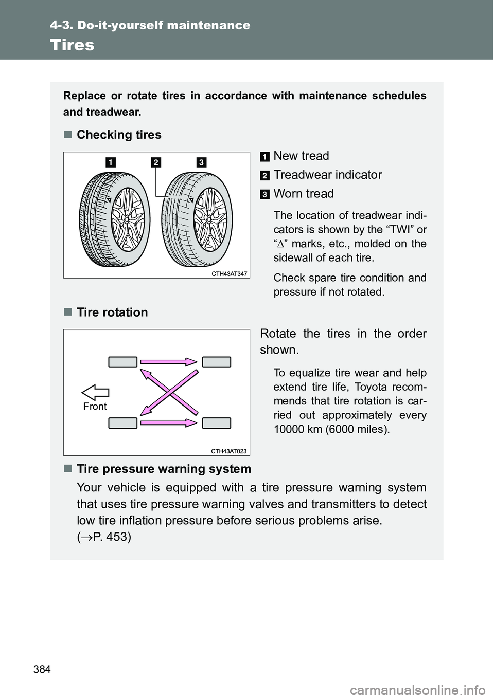 TOYOTA VERSO S 2015 Owners Manual 384
4-3. Do-it-yourself maintenance
Tires
Replace or rotate tires in accordance with maintenance schedules
and treadwear.
Checking tires
New tread
Treadwear indicator
Worn tread
The location of tre TOYOTA VERSO S 2015 Owners Manual 384
4-3. Do-it-yourself maintenance
Tires
Replace or rotate tires in accordance with maintenance schedules
and treadwear.
Checking tires
New tread
Treadwear indicator
Worn tread
The location of tre