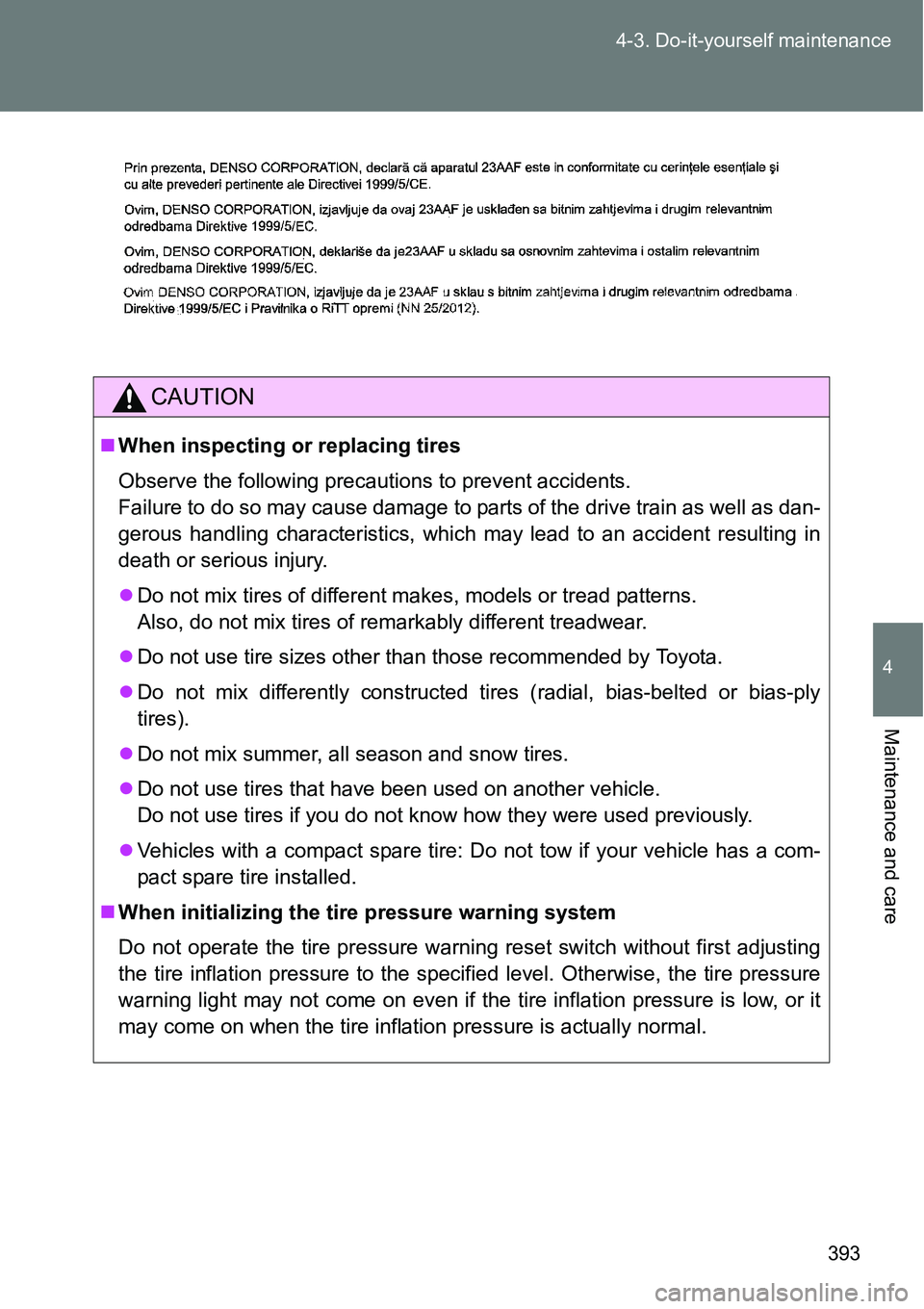 TOYOTA VERSO S 2015 Owners Manual 393 4-3. Do-it-yourself maintenance
4
Maintenance and care
CAUTION
When inspecting or replacing tires
Observe the following precautions to prevent accidents.
Failure to do so may cause damage to pa TOYOTA VERSO S 2015 Owners Manual 393 4-3. Do-it-yourself maintenance
4
Maintenance and care
CAUTION
When inspecting or replacing tires
Observe the following precautions to prevent accidents.
Failure to do so may cause damage to pa
