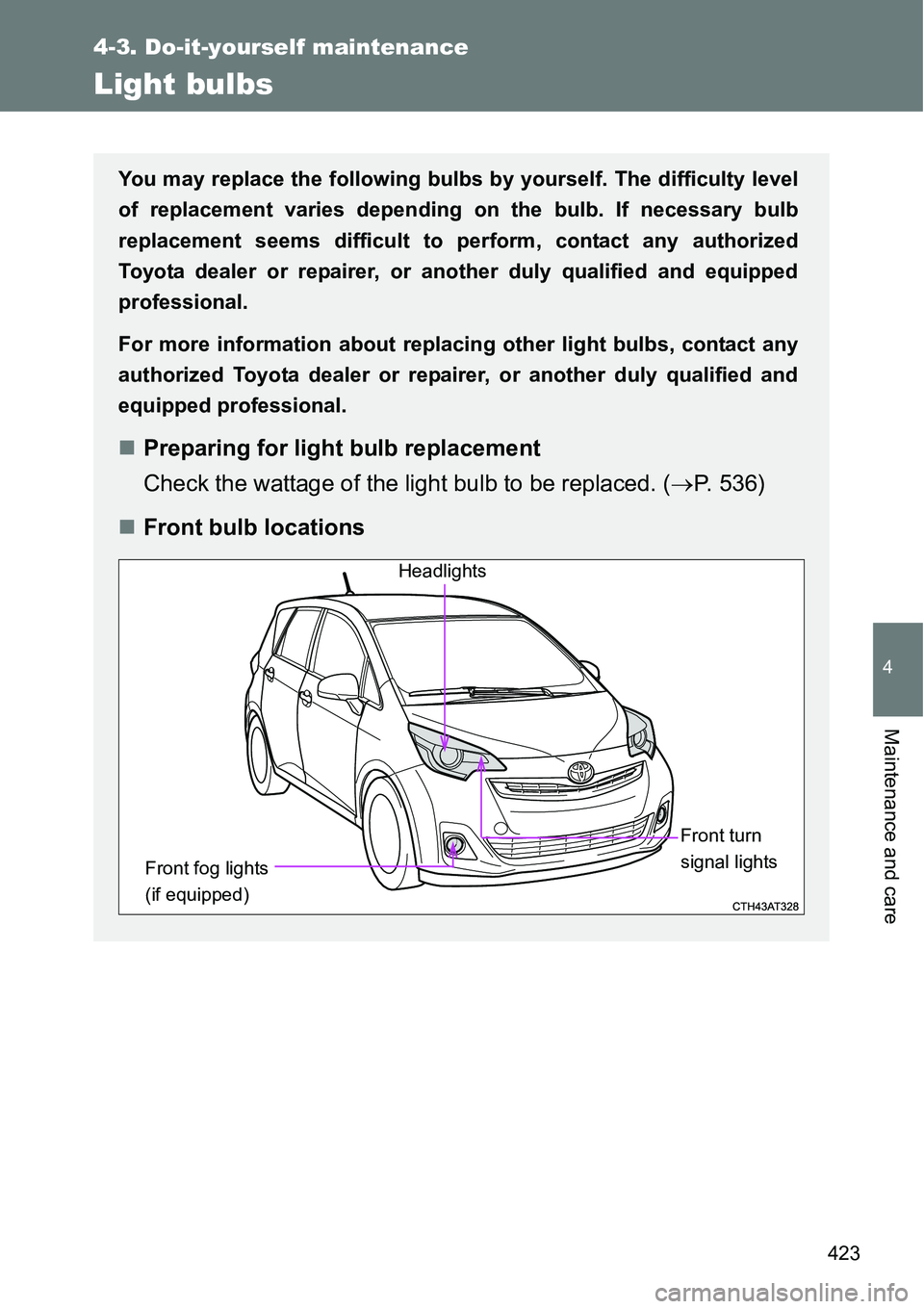 TOYOTA VERSO S 2015  Owners Manual 423
4-3. Do-it-yourself maintenance
4
Maintenance and care
Light bulbs
You may replace the following bulbs by yourself. The difficulty level
of replacement varies depending on the bulb. If necessary b