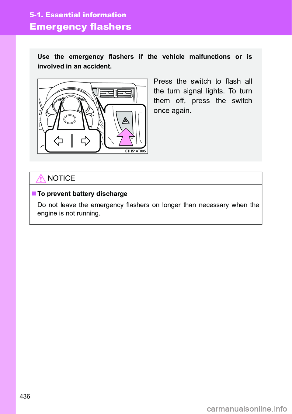 TOYOTA VERSO S 2015  Owners Manual 436
5-1. Essential information
Emergency flashers
NOTICE
To prevent battery discharge
Do not leave the emergency flashers on longer than necessary when the
engine is not running.
Use the emergency 