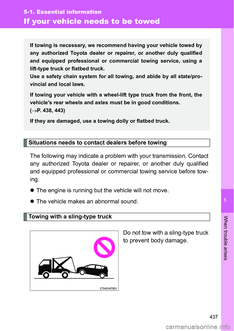 TOYOTA VERSO S 2015 Owners Manual 5
437
5-1. Essential information
When trouble arises
If your vehicle needs to be towed
Situations needs to contact dealers before towing
The following may indicate a problem with your transmission. Co TOYOTA VERSO S 2015 Owners Manual 5
437
5-1. Essential information
When trouble arises
If your vehicle needs to be towed
Situations needs to contact dealers before towing
The following may indicate a problem with your transmission. Co