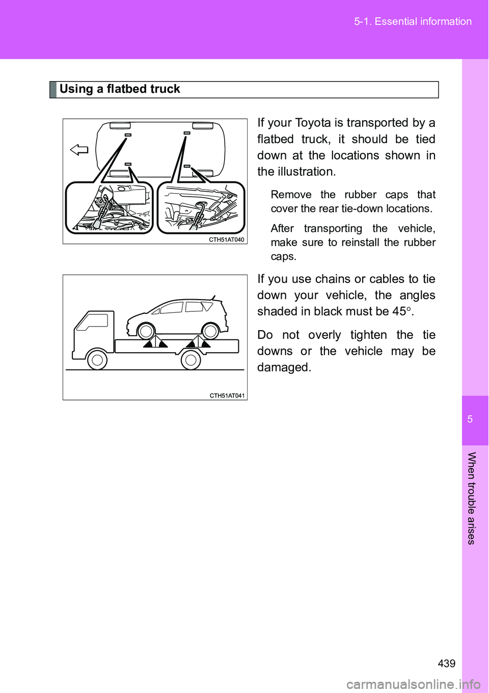 TOYOTA VERSO S 2015  Owners Manual 5
439 5-1. Essential information
When trouble arises
Using a flatbed truck
If your Toyota is transported by a
flatbed truck, it should be tied
down at the locations shown in
the illustration.
Remove t