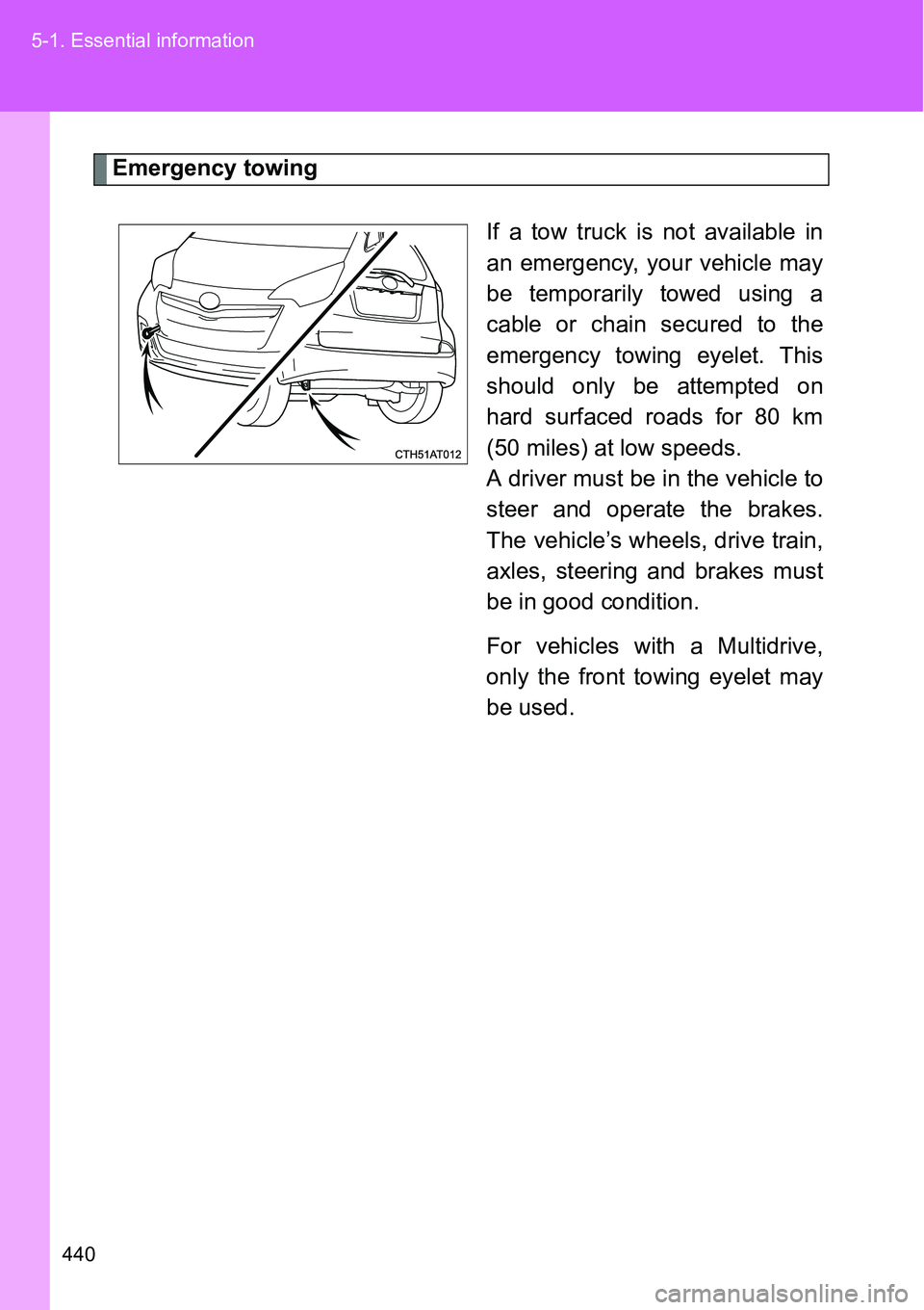 TOYOTA VERSO S 2015  Owners Manual 440 5-1. Essential information
Emergency towing
If a tow truck is not available in
an emergency, your vehicle may
be temporarily towed using a
cable or chain secured to the
emergency towing eyelet. Th