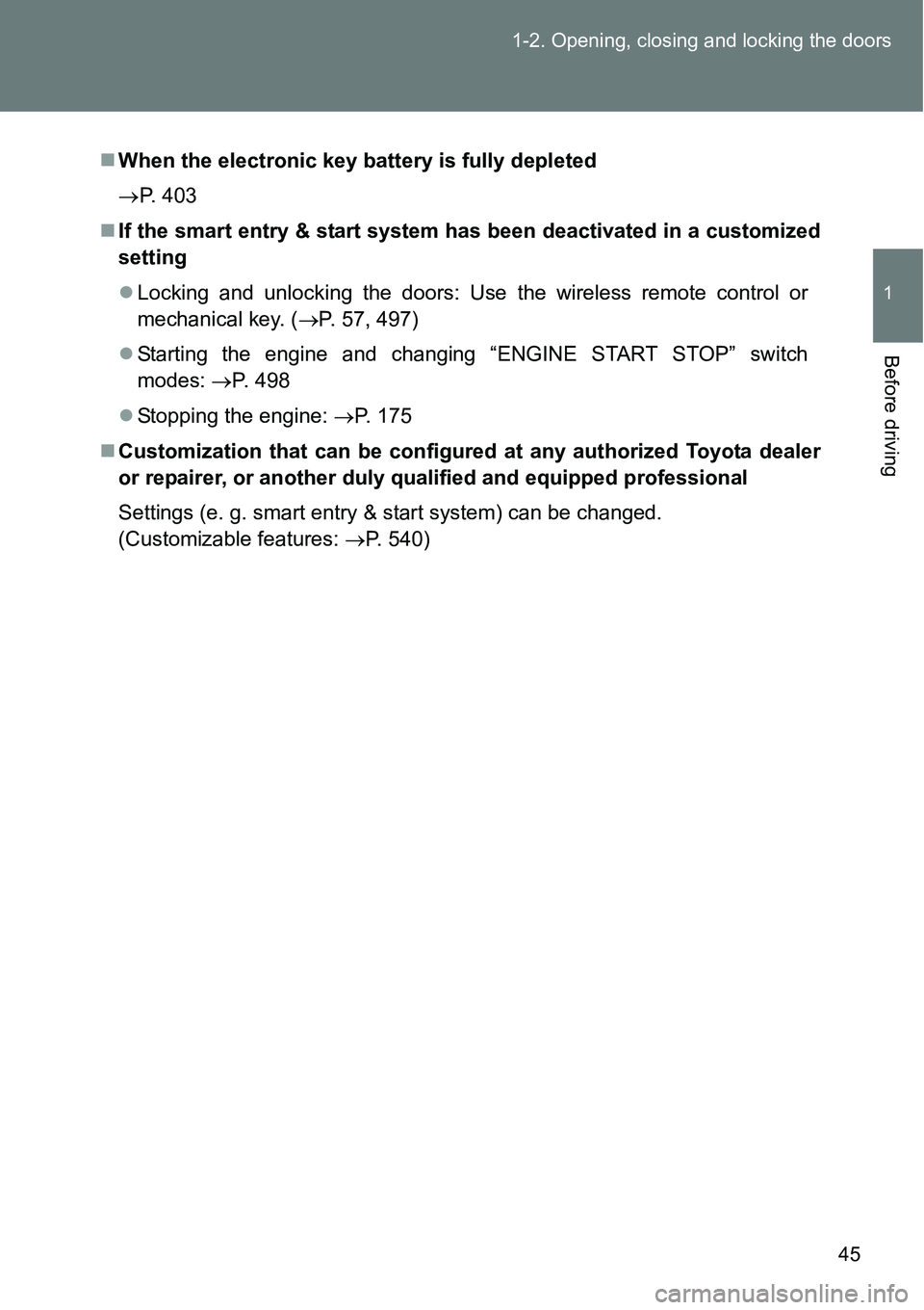 TOYOTA VERSO S 2015 Service Manual 45 1-2. Opening, closing and locking the doors
1
Before driving
When the electronic key battery is fully depleted
P. 403
If the smart entry & start system has been deactivated in a customized TOYOTA VERSO S 2015 Service Manual 45 1-2. Opening, closing and locking the doors
1
Before driving
When the electronic key battery is fully depleted
P. 403
If the smart entry & start system has been deactivated in a customized