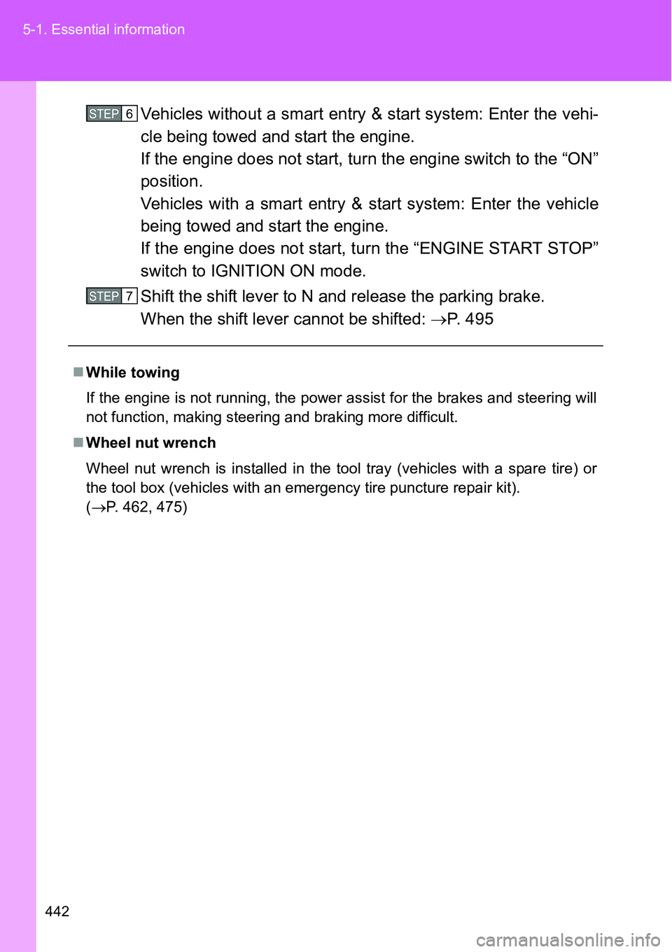 TOYOTA VERSO S 2015 Owners Manual 442 5-1. Essential information
Vehicles without a smart entry & start system: Enter the vehi-
cle being towed and start the engine.
If the engine does not start, turn the engine switch to the “ON” TOYOTA VERSO S 2015 Owners Manual 442 5-1. Essential information
Vehicles without a smart entry & start system: Enter the vehi-
cle being towed and start the engine.
If the engine does not start, turn the engine switch to the “ON”