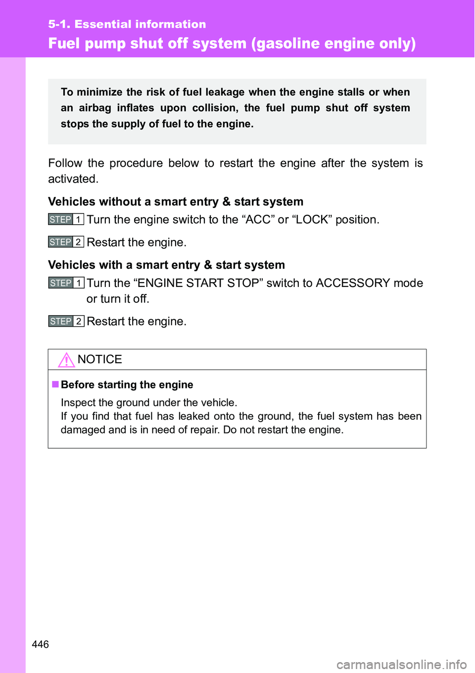 TOYOTA VERSO S 2015 Owners Manual 446
5-1. Essential information
Fuel pump shut off system (gasoline engine only)
Follow the procedure below to restart the engine after the system is
activated.
Vehicles without a smart entry & start s TOYOTA VERSO S 2015 Owners Manual 446
5-1. Essential information
Fuel pump shut off system (gasoline engine only)
Follow the procedure below to restart the engine after the system is
activated.
Vehicles without a smart entry & start s