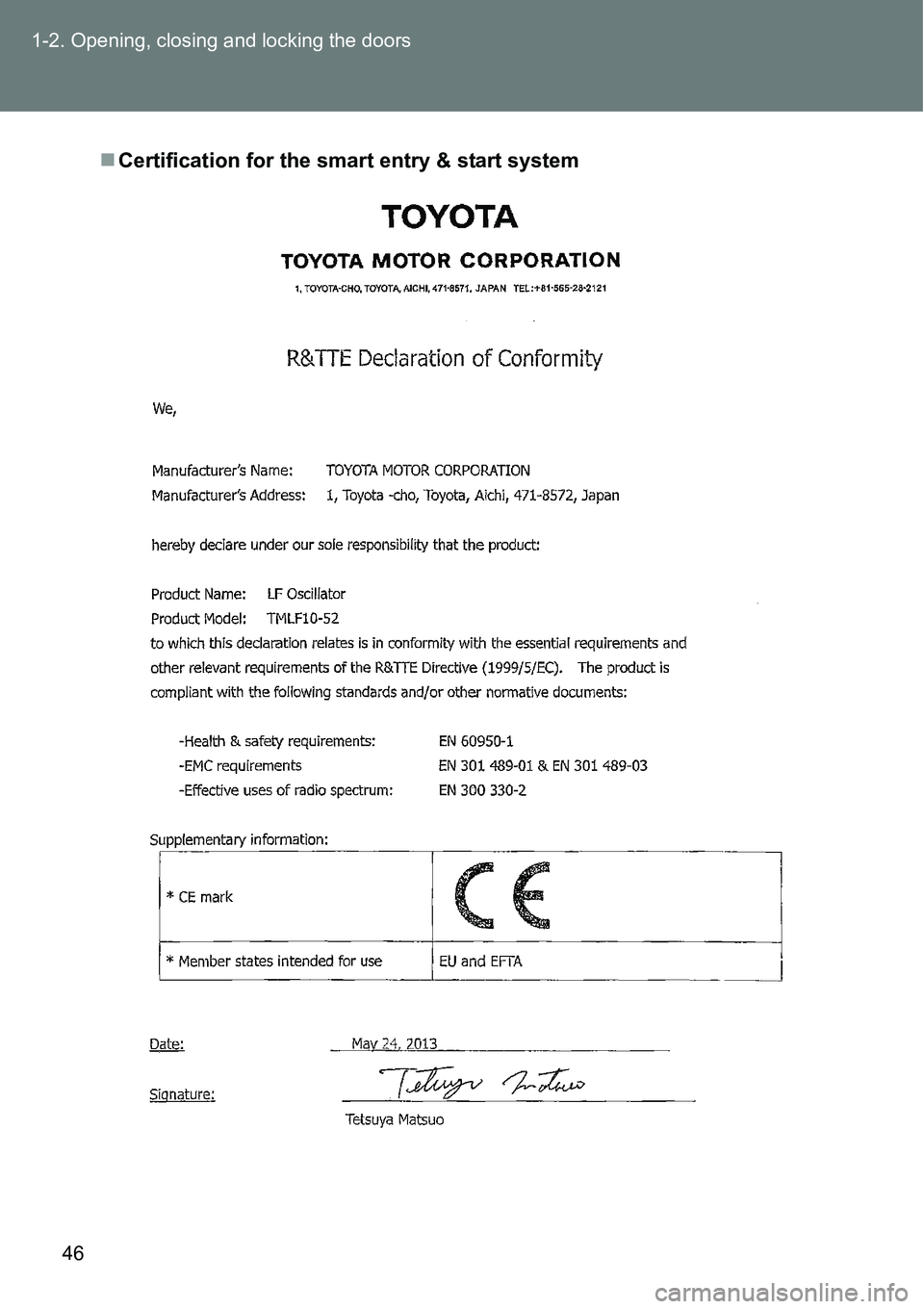TOYOTA VERSO S 2015 Service Manual 46 1-2. Opening, closing and locking the doors
Certification for the smart entry & start system TOYOTA VERSO S 2015 Service Manual 46 1-2. Opening, closing and locking the doors
Certification for the smart entry & start system